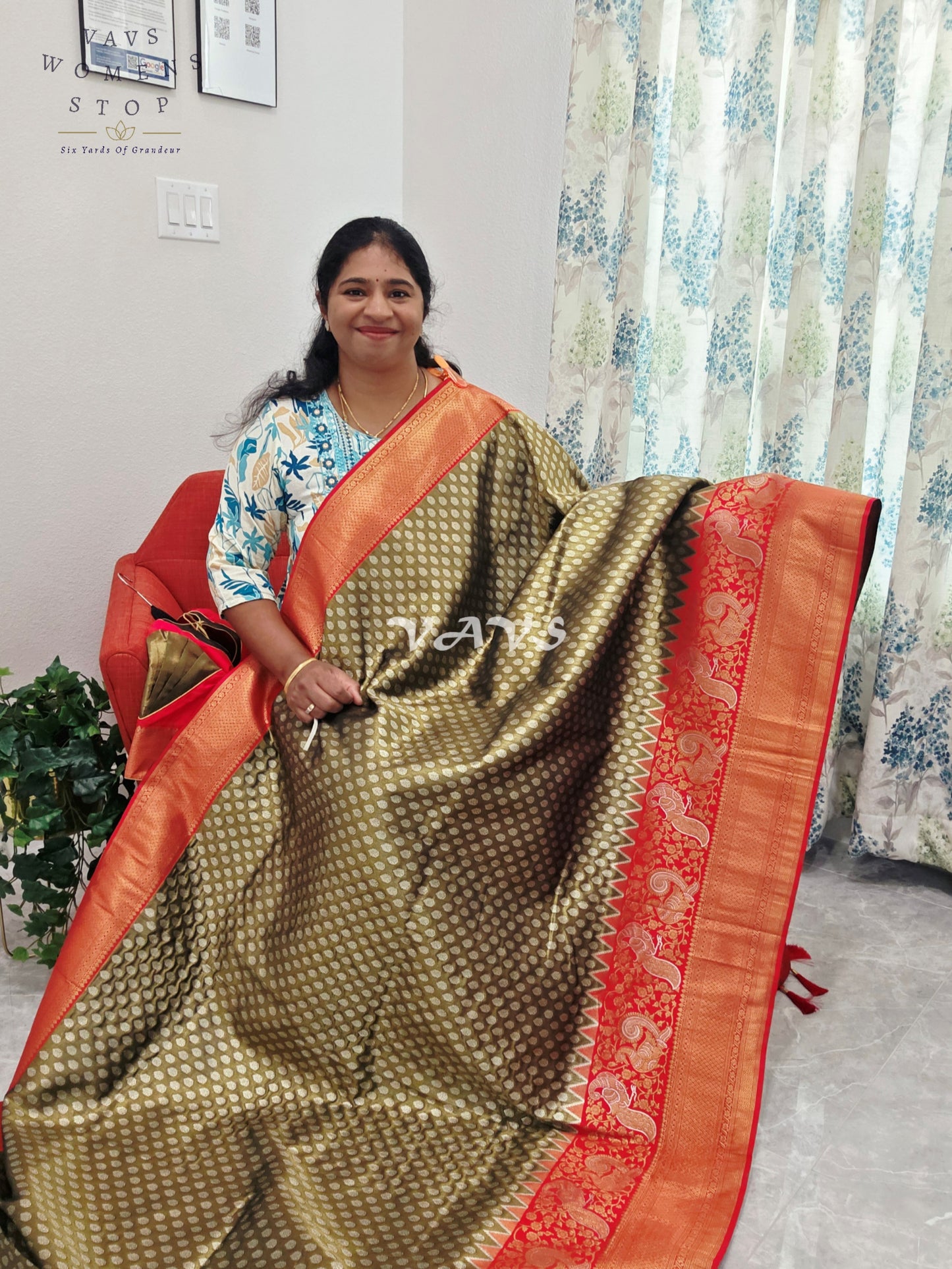 Royal Olive Bronze Semi Kanjeevaram Tissue Brocade Saree with Coral Pink Patterned Stitched Blouse Size 36–42
