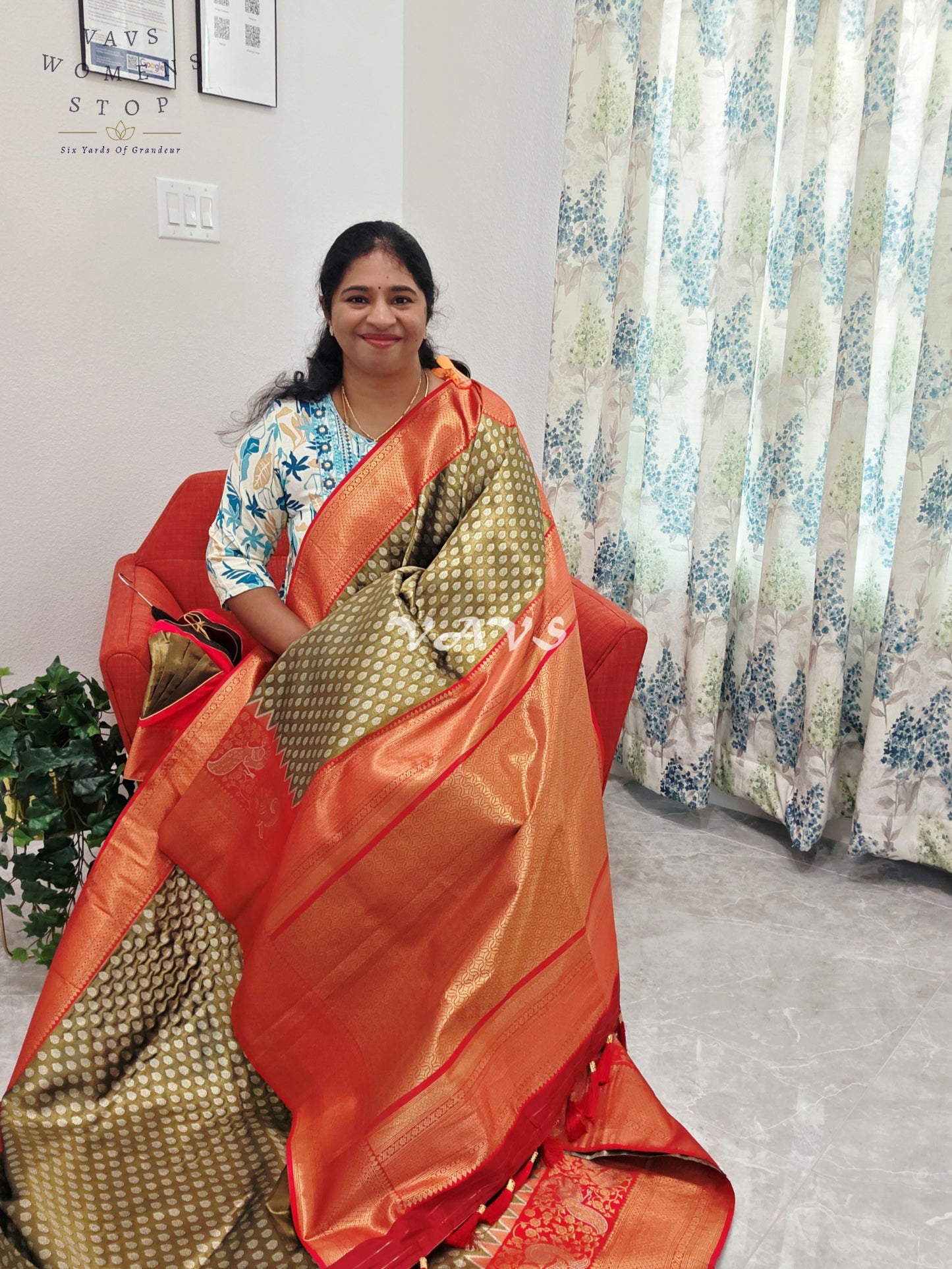 Royal Olive Bronze Semi Kanjeevaram Tissue Brocade Saree with Coral Pink Patterned Stitched Blouse Size 36–42