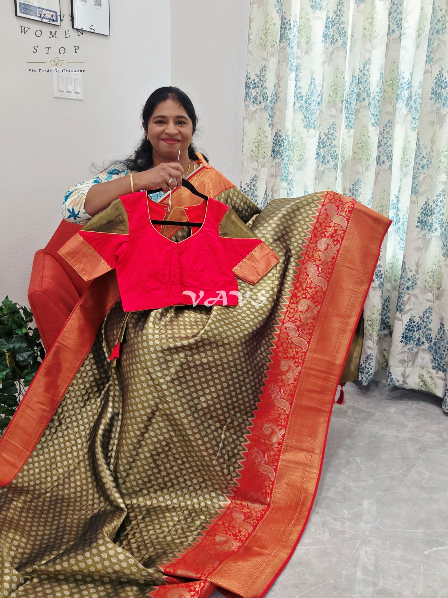 Royal Olive Bronze Semi Kanjeevaram Tissue Brocade Saree with Coral Pink Patterned Stitched Blouse Size 36–42
