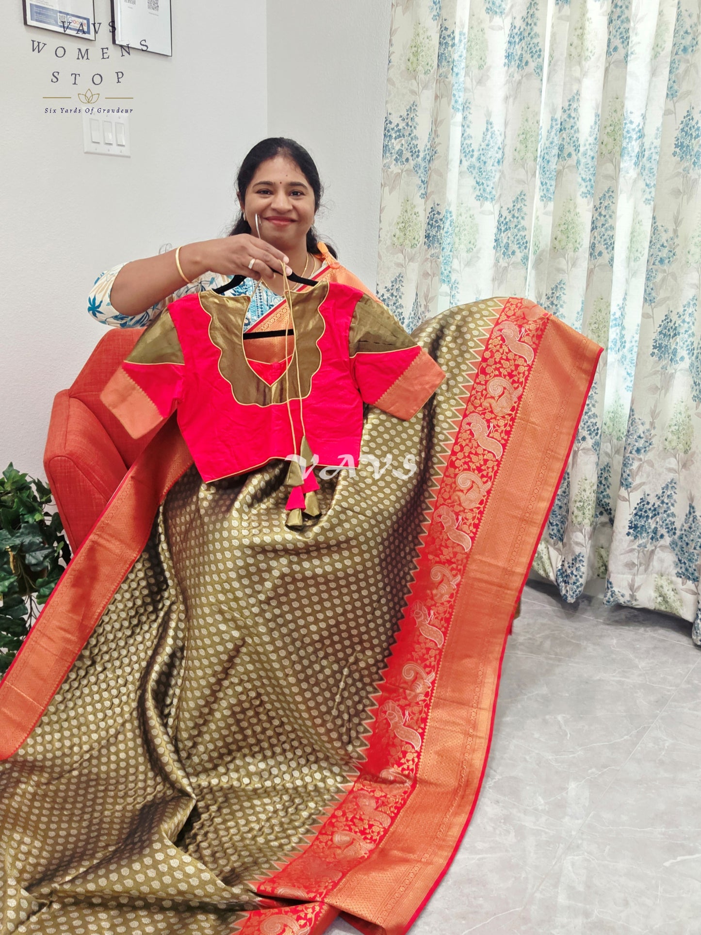 Royal Olive Bronze Semi Kanjeevaram Tissue Brocade Saree with Coral Pink Patterned Stitched Blouse Size 36–42