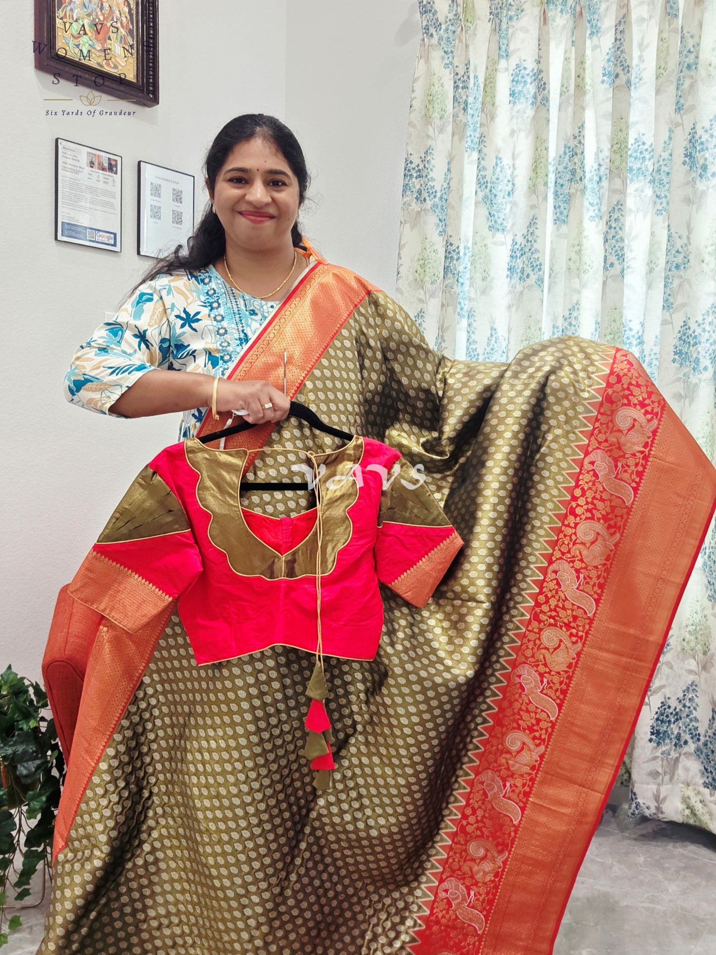 Royal Olive Bronze Semi Kanjeevaram Tissue Brocade Saree with Coral Pink Patterned Stitched Blouse Size 36–42