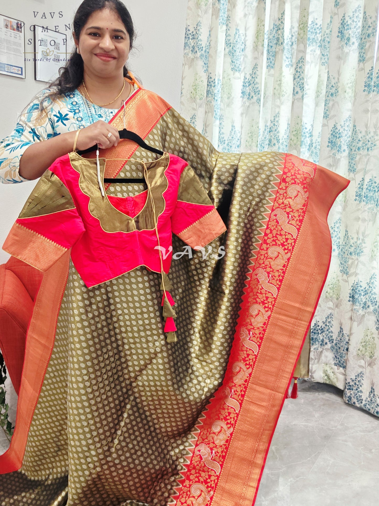 Royal Olive Bronze Semi Kanjeevaram Tissue Brocade Saree with Coral Pink Patterned Stitched Blouse Size 36–42