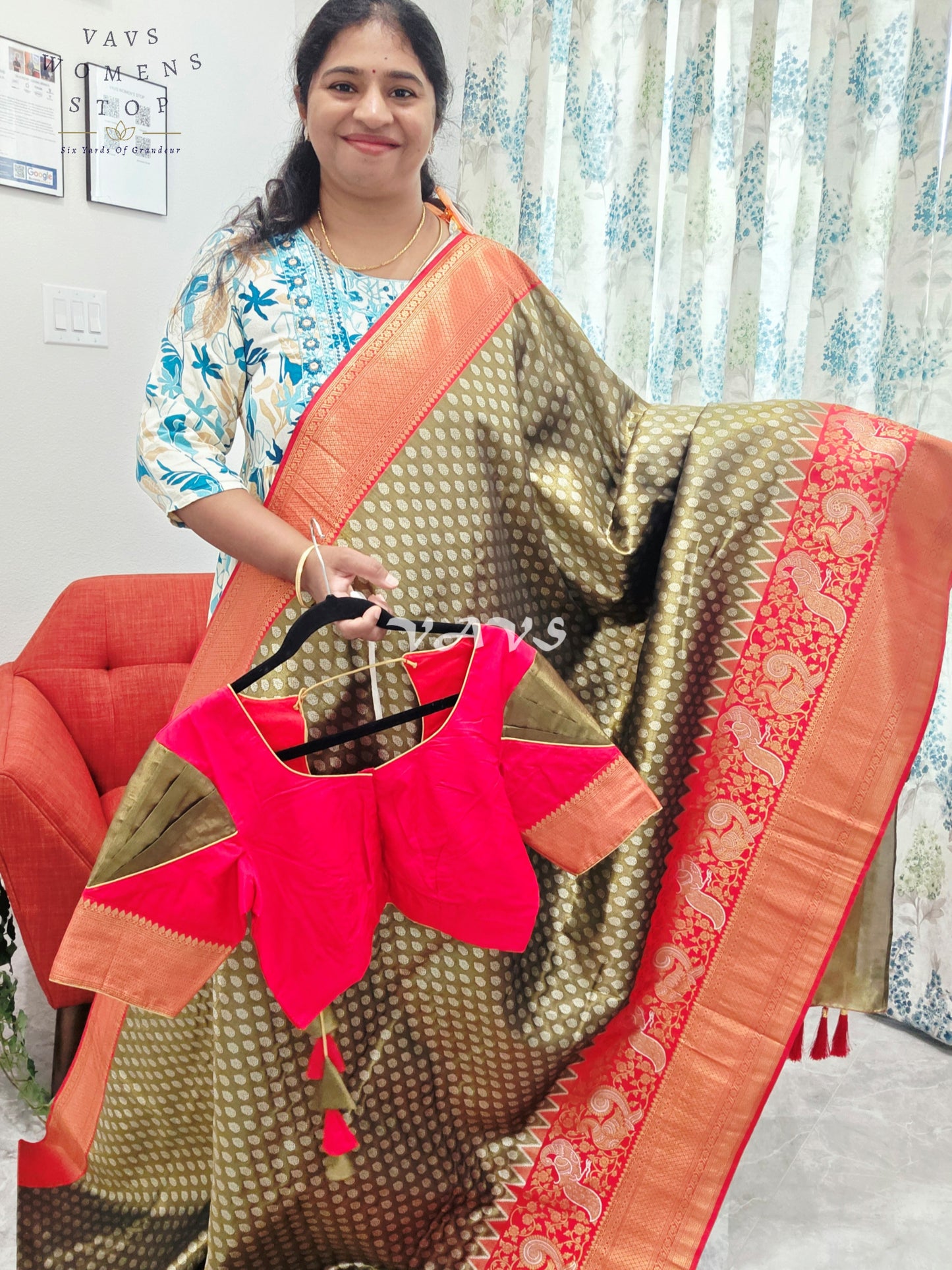 Royal Olive Bronze Semi Kanjeevaram Tissue Brocade Saree with Coral Pink Patterned Stitched Blouse Size 36–42