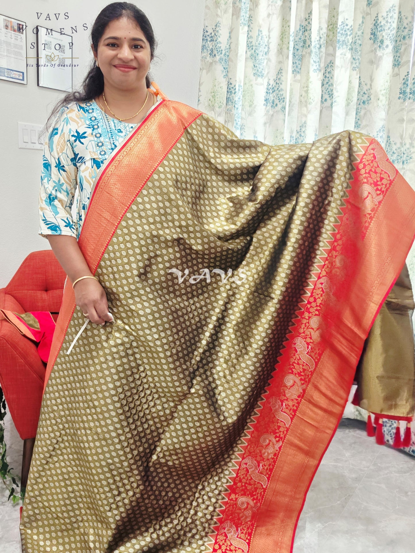 Royal Olive Bronze Semi Kanjeevaram Tissue Brocade Saree with Coral Pink Patterned Stitched Blouse Size 36–42
