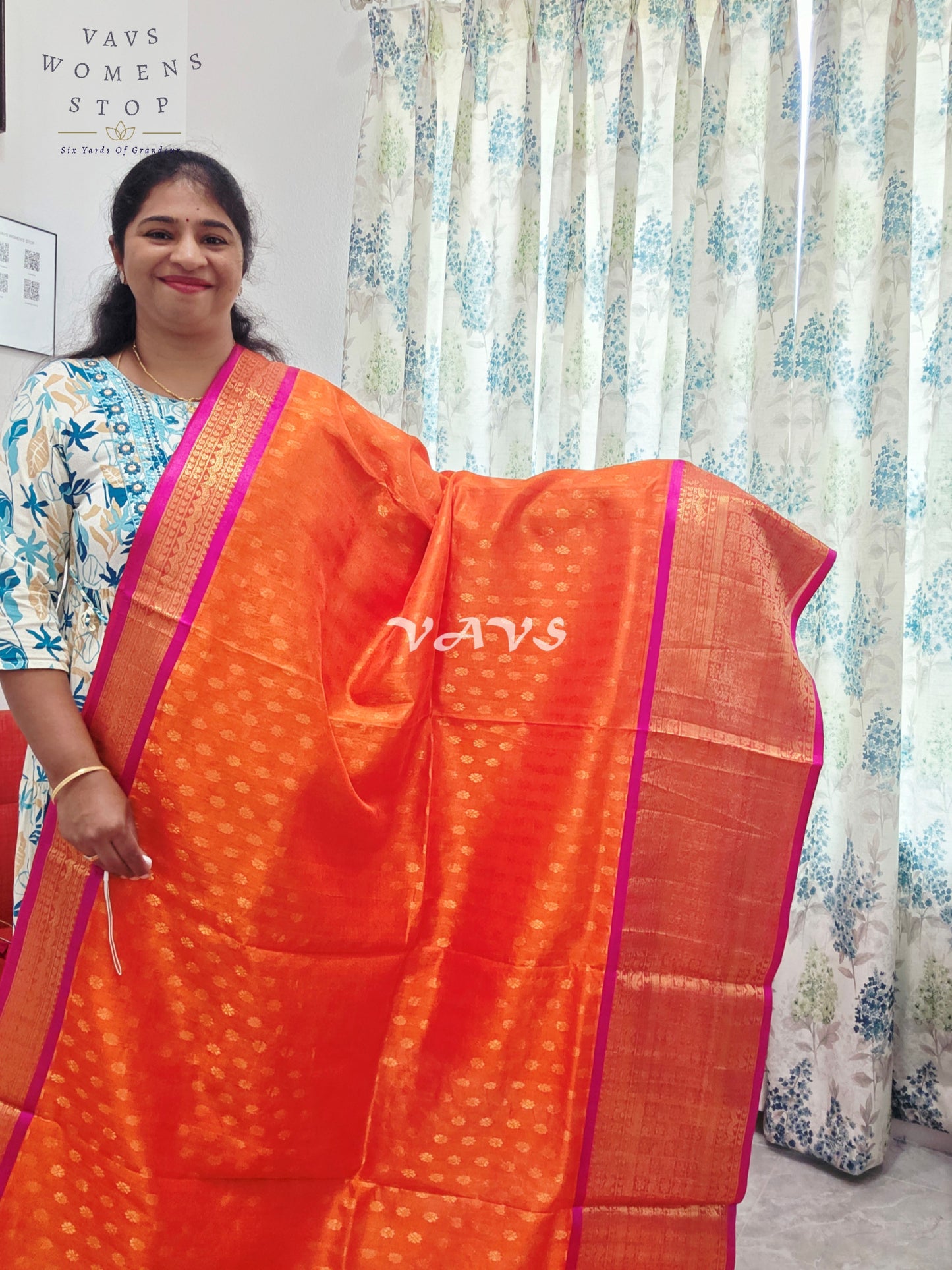 Royal Sunset Tangerine & Fuchsia Pink Mangalagiri Pattu Handloom Silk Cotton Saree with Antique Gold Zari Border & Stitched Blouse