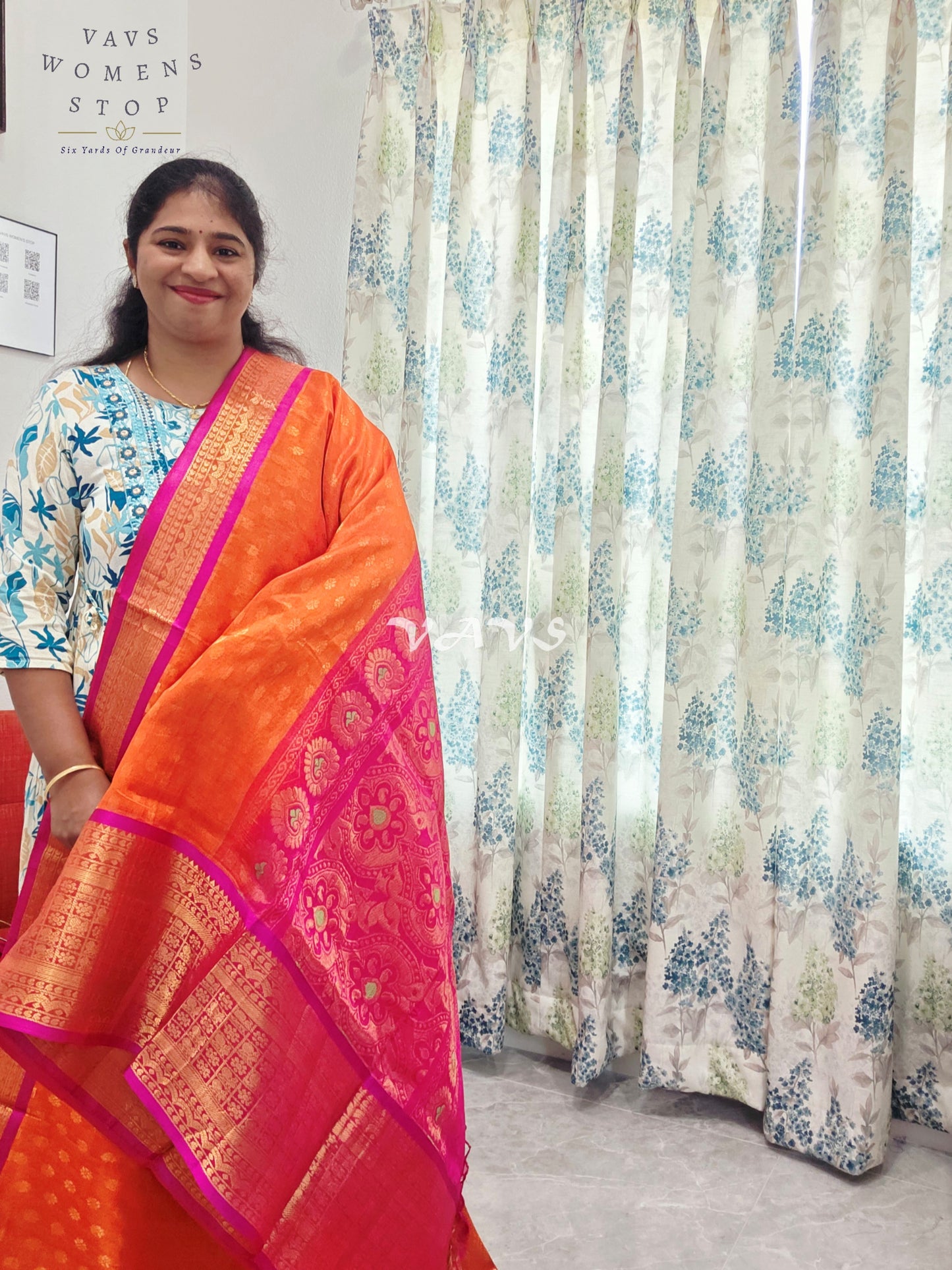 Royal Sunset Tangerine & Fuchsia Pink Mangalagiri Pattu Handloom Silk Cotton Saree with Antique Gold Zari Border & Stitched Blouse