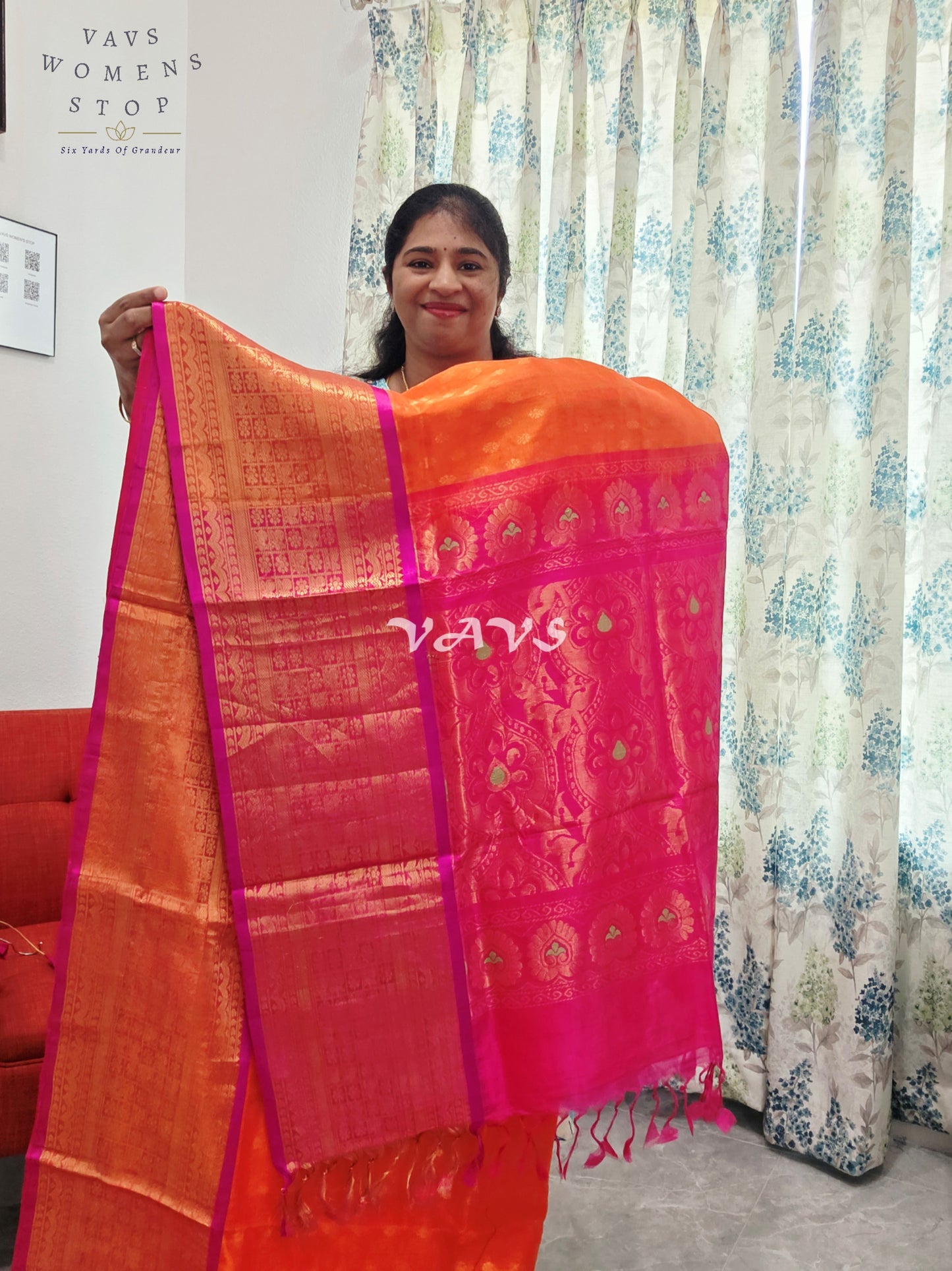 Royal Sunset Tangerine & Fuchsia Pink Mangalagiri Pattu Handloom Silk Cotton Saree with Antique Gold Zari Border & Stitched Blouse