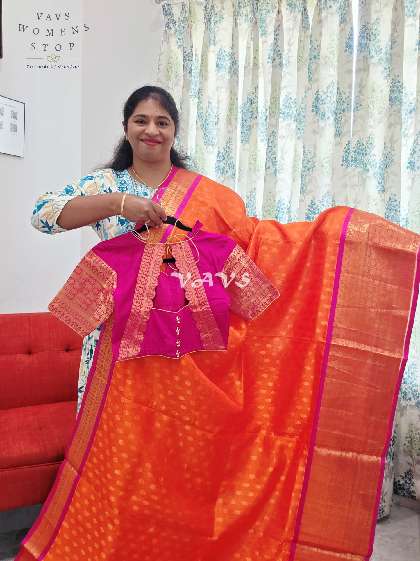 Royal Sunset Tangerine & Fuchsia Pink Mangalagiri Pattu Handloom Silk Cotton Saree with Antique Gold Zari Border & Stitched Blouse