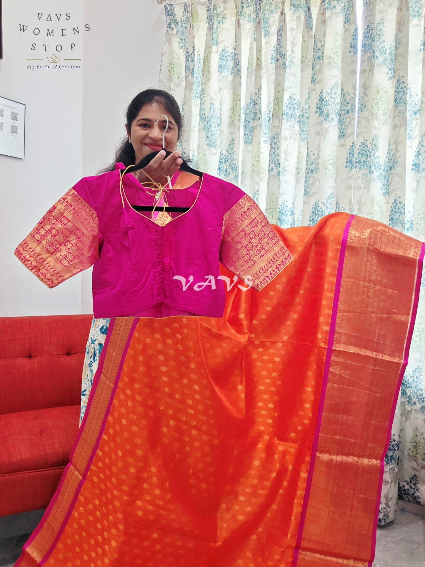 Royal Sunset Tangerine & Fuchsia Pink Mangalagiri Pattu Handloom Silk Cotton Saree with Antique Gold Zari Border & Stitched Blouse