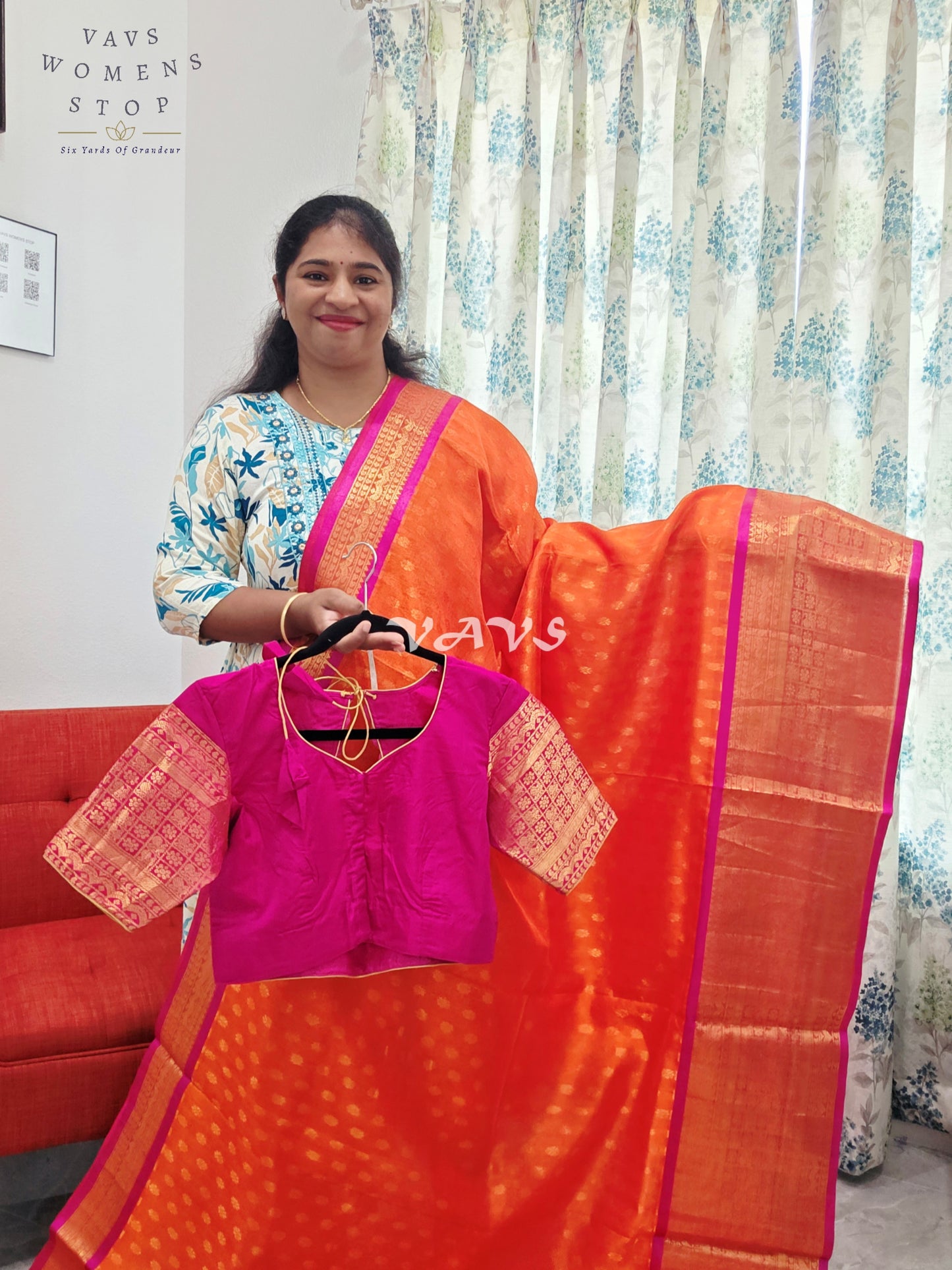 Royal Sunset Tangerine & Fuchsia Pink Mangalagiri Pattu Handloom Silk Cotton Saree with Antique Gold Zari Border & Stitched Blouse