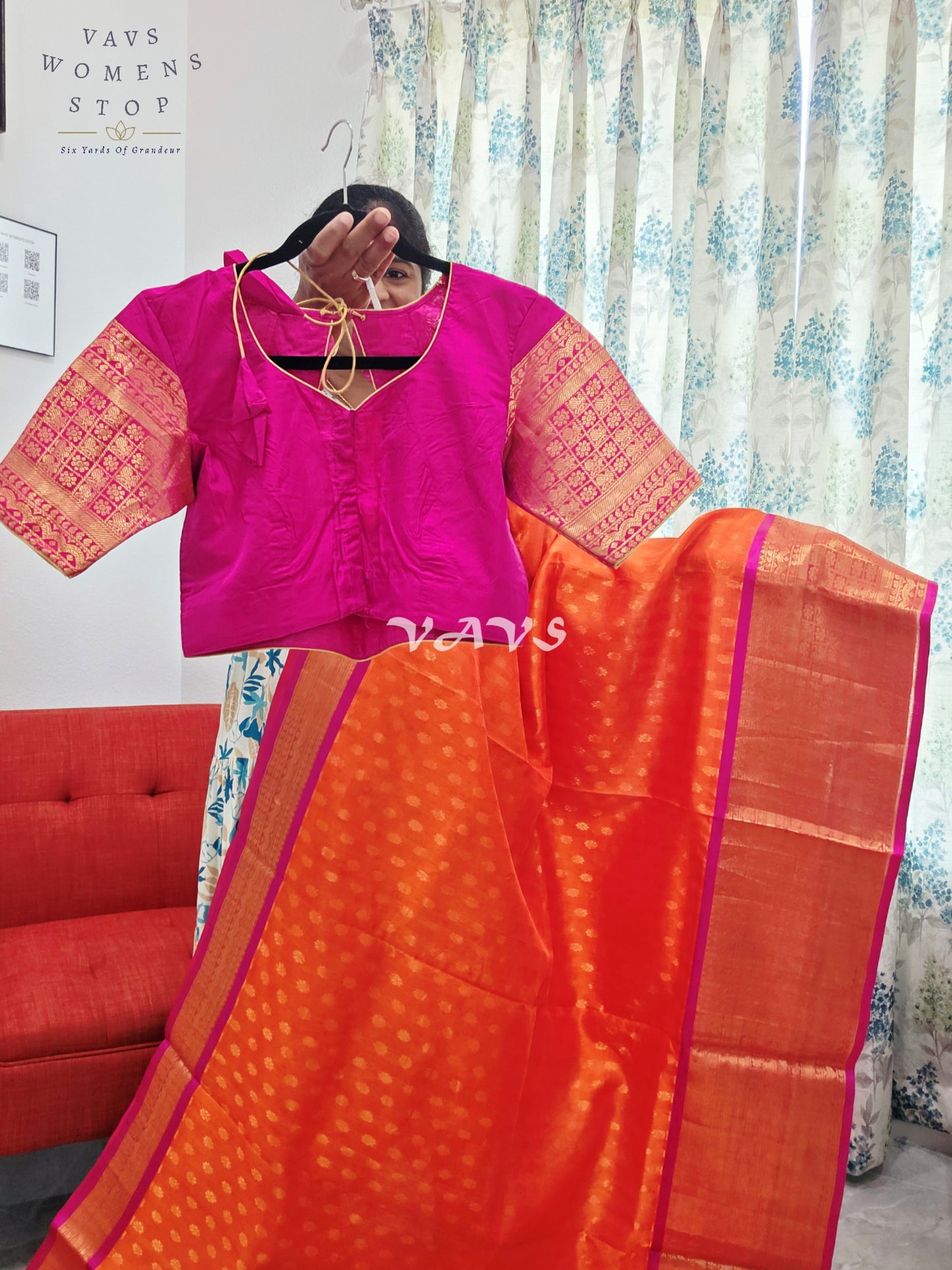 Royal Sunset Tangerine & Fuchsia Pink Mangalagiri Pattu Handloom Silk Cotton Saree with Antique Gold Zari Border & Stitched Blouse