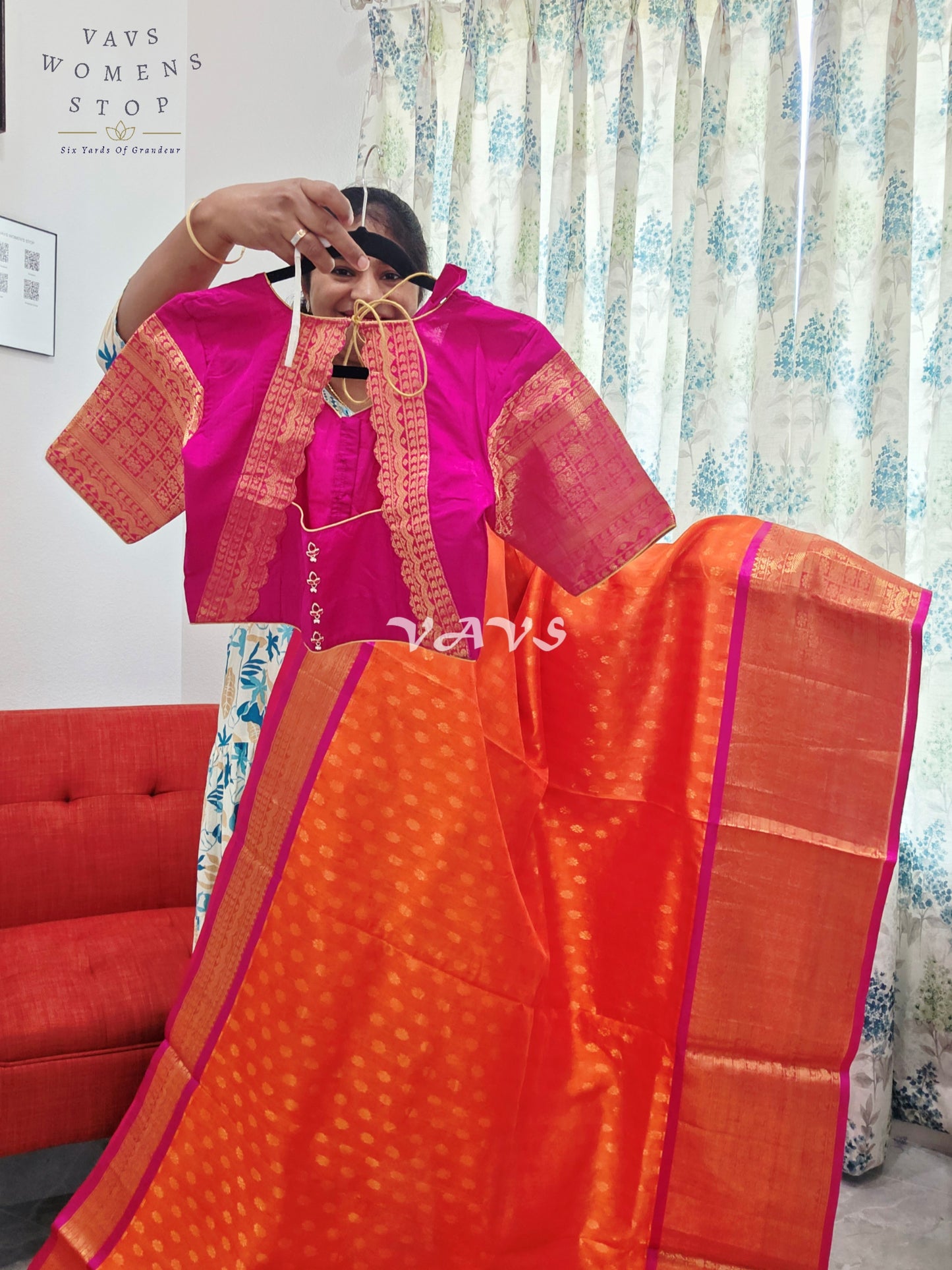 Royal Sunset Tangerine & Fuchsia Pink Mangalagiri Pattu Handloom Silk Cotton Saree with Antique Gold Zari Border & Stitched Blouse