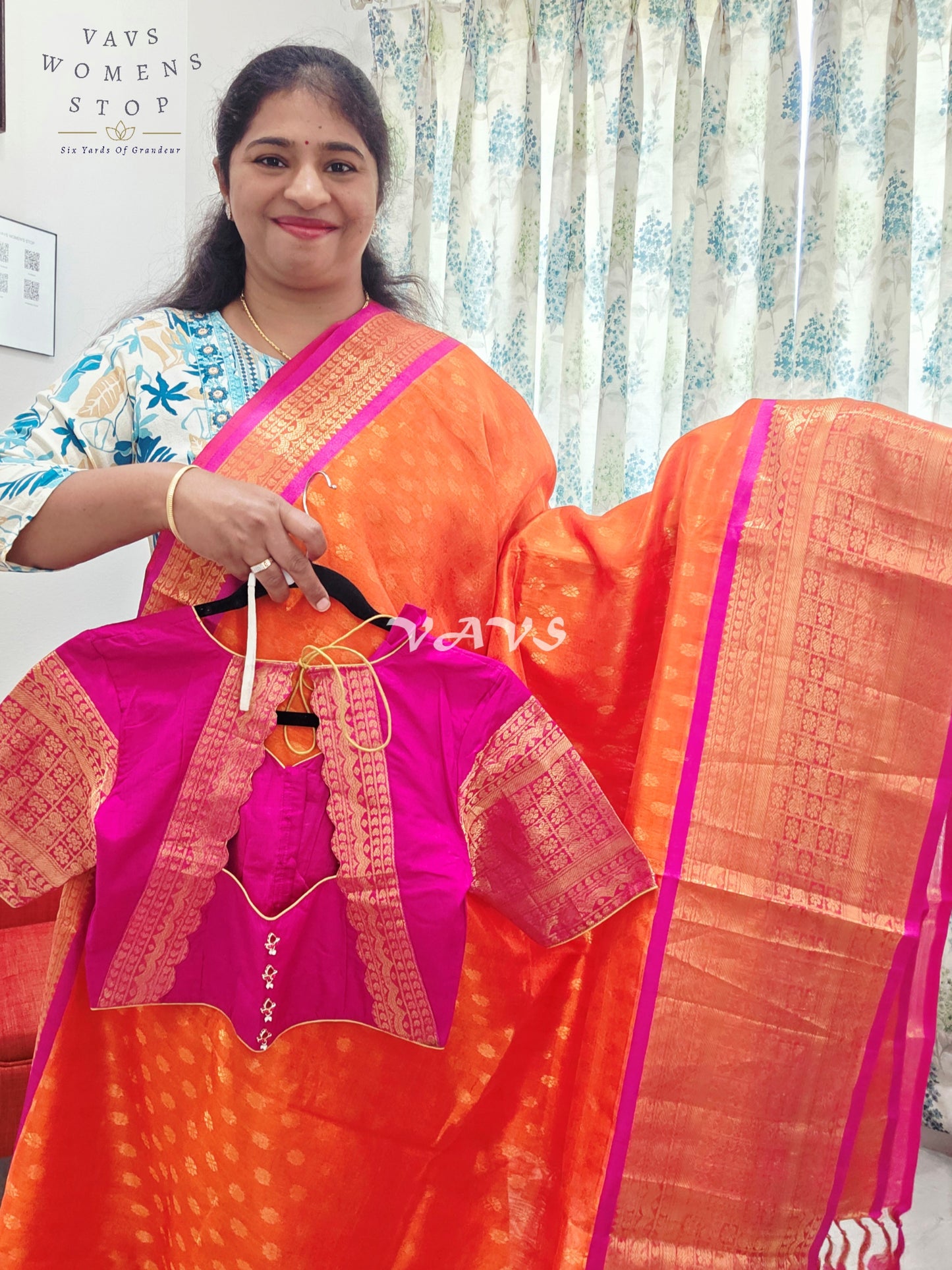 Royal Sunset Tangerine & Fuchsia Pink Mangalagiri Pattu Handloom Silk Cotton Saree with Antique Gold Zari Border & Stitched Blouse