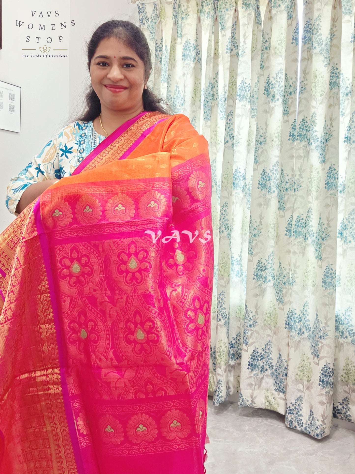 Royal Sunset Tangerine & Fuchsia Pink Mangalagiri Pattu Handloom Silk Cotton Saree with Antique Gold Zari Border & Stitched Blouse