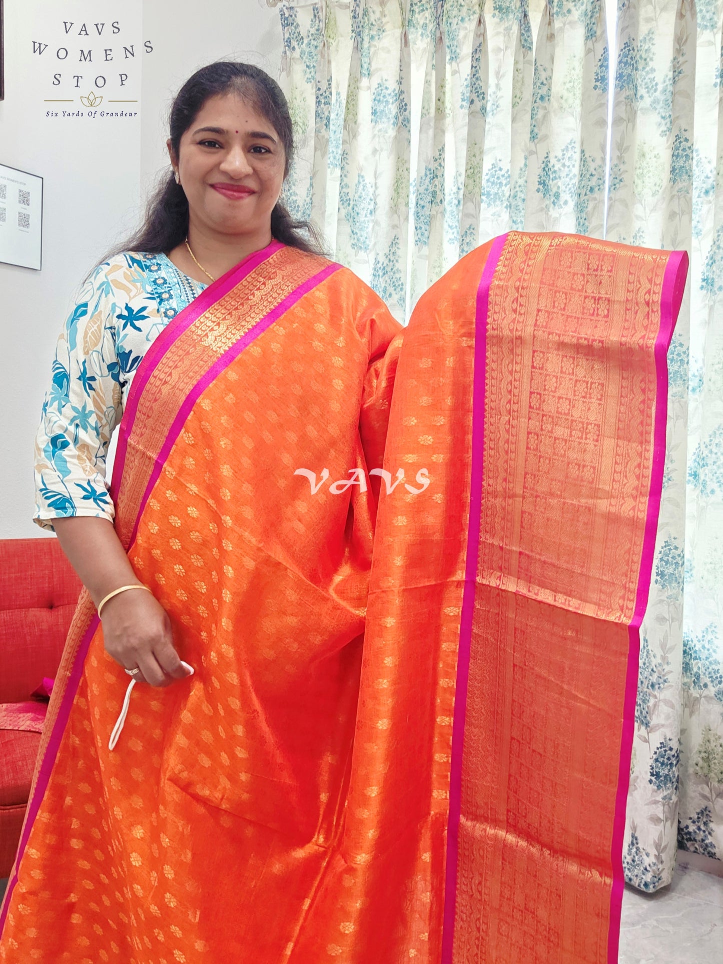 Royal Sunset Tangerine & Fuchsia Pink Mangalagiri Pattu Handloom Silk Cotton Saree with Antique Gold Zari Border & Stitched Blouse