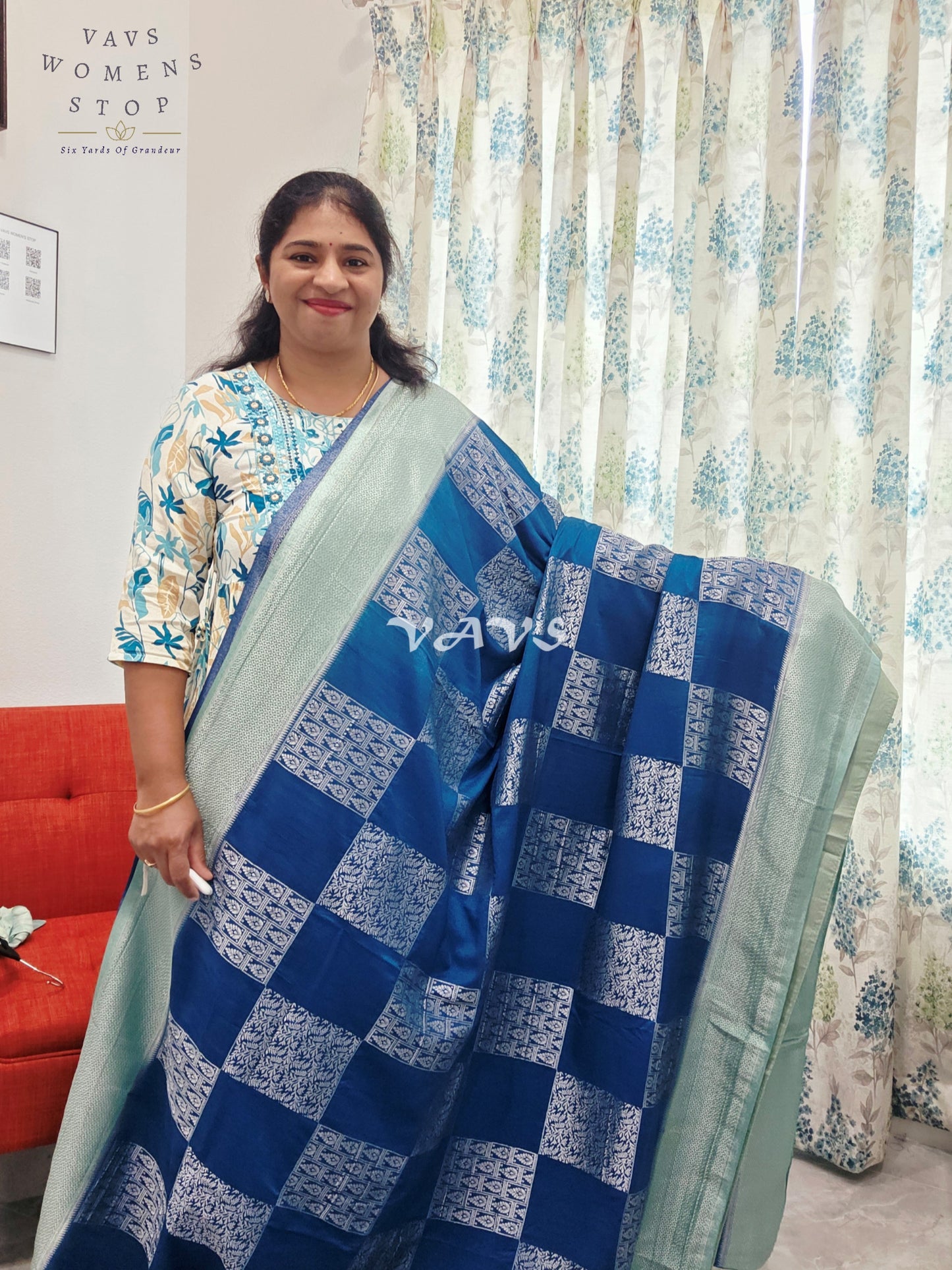 Teal Blue Shade Semi-Crepe Chiffon Saree with Sea Green Border | Stitched Blouse Included