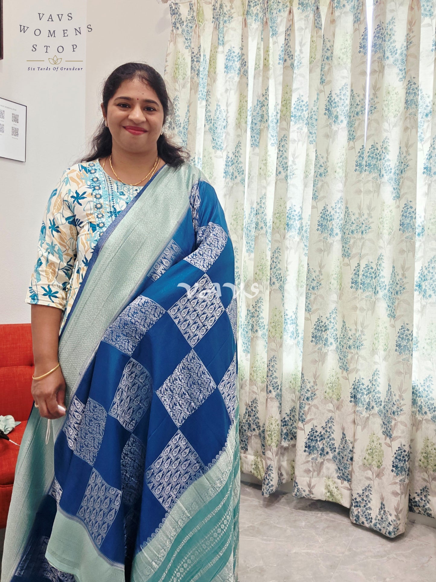 Teal Blue Shade Semi-Crepe Chiffon Saree with Sea Green Border | Stitched Blouse Included