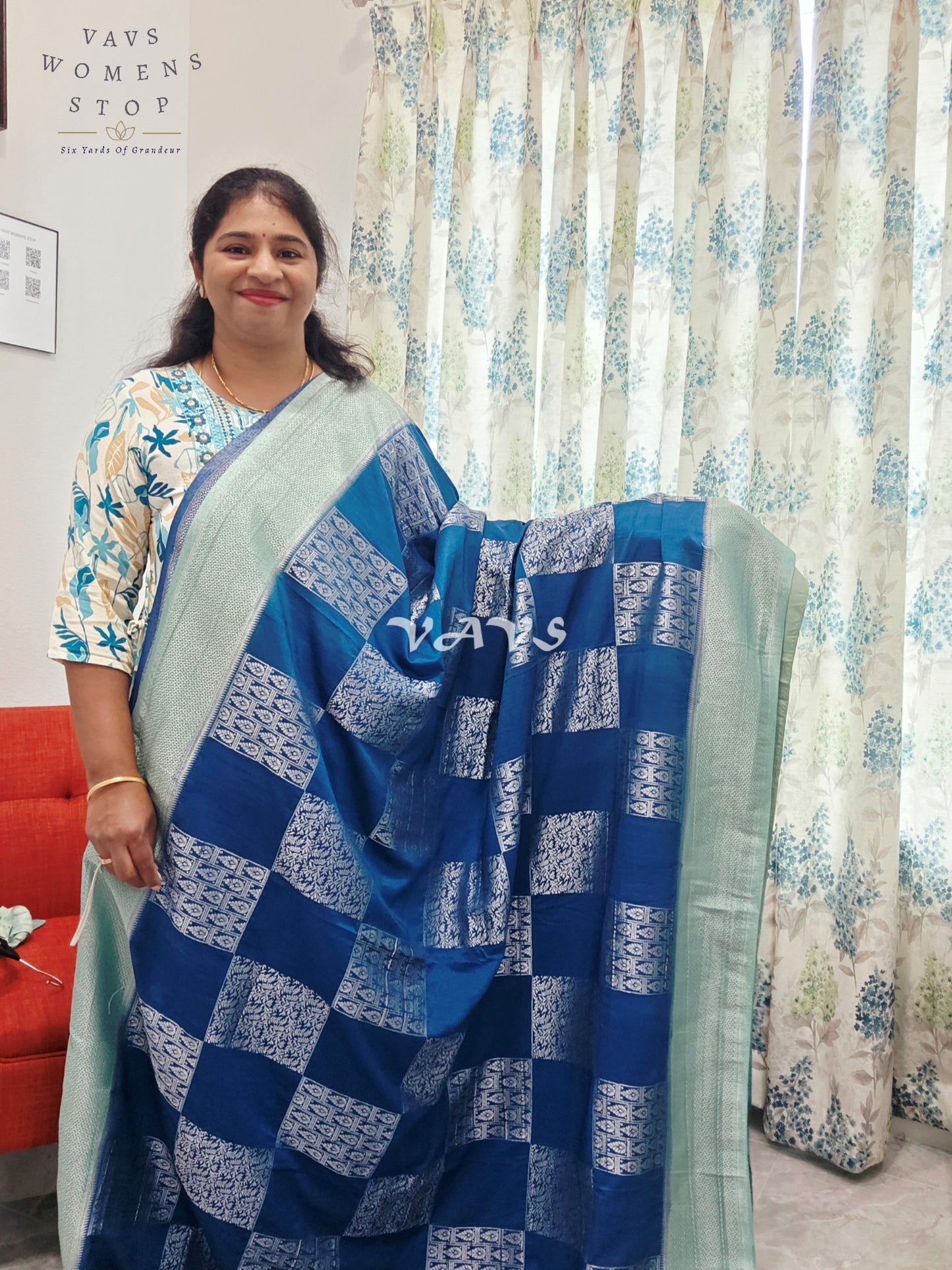 Teal Blue Shade Semi-Crepe Chiffon Saree with Sea Green Border | Stitched Blouse Included