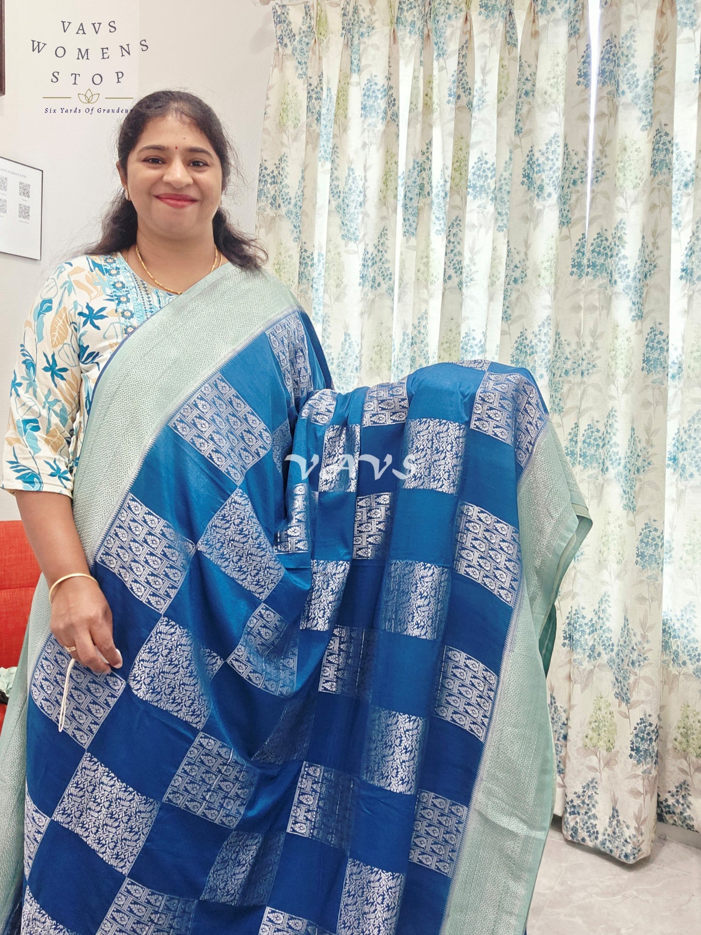Teal Blue Shade Semi-Crepe Chiffon Saree with Sea Green Border | Stitched Blouse Included