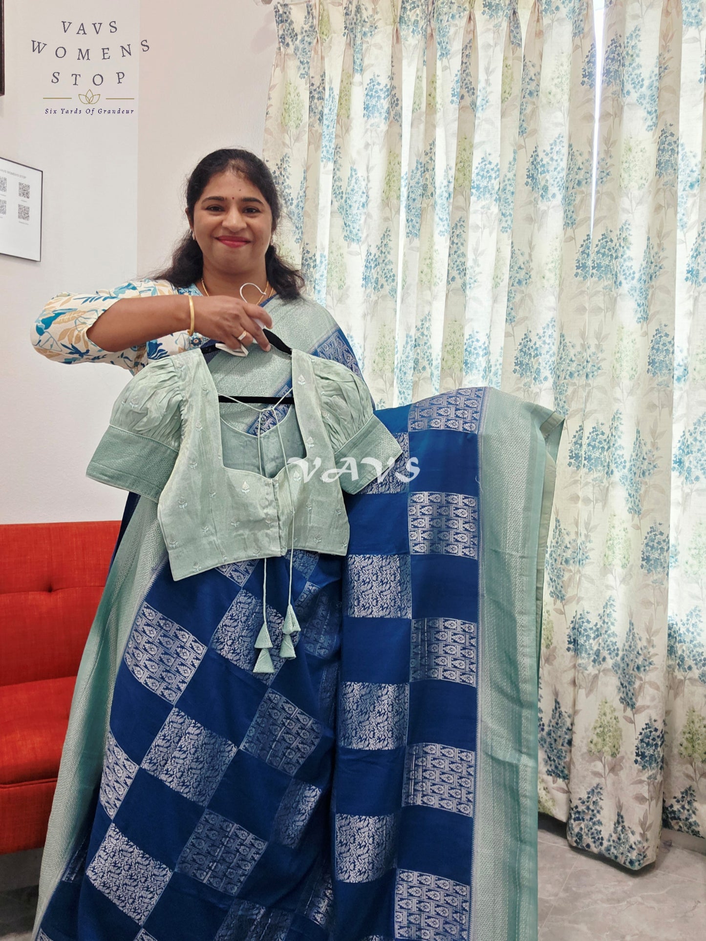 Teal Blue Shade Semi-Crepe Chiffon Saree with Sea Green Border | Stitched Blouse Included