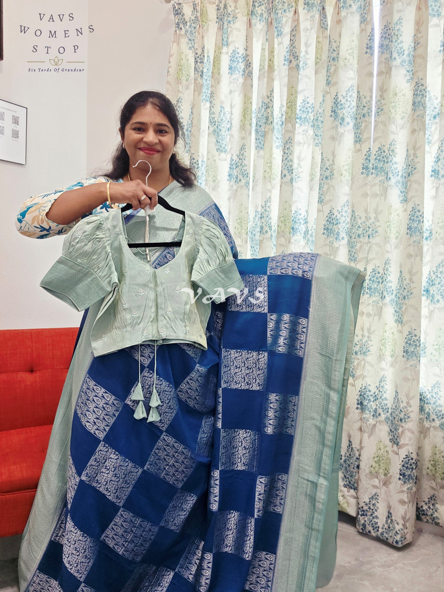 Teal Blue Shade Semi-Crepe Chiffon Saree with Sea Green Border | Stitched Blouse Included