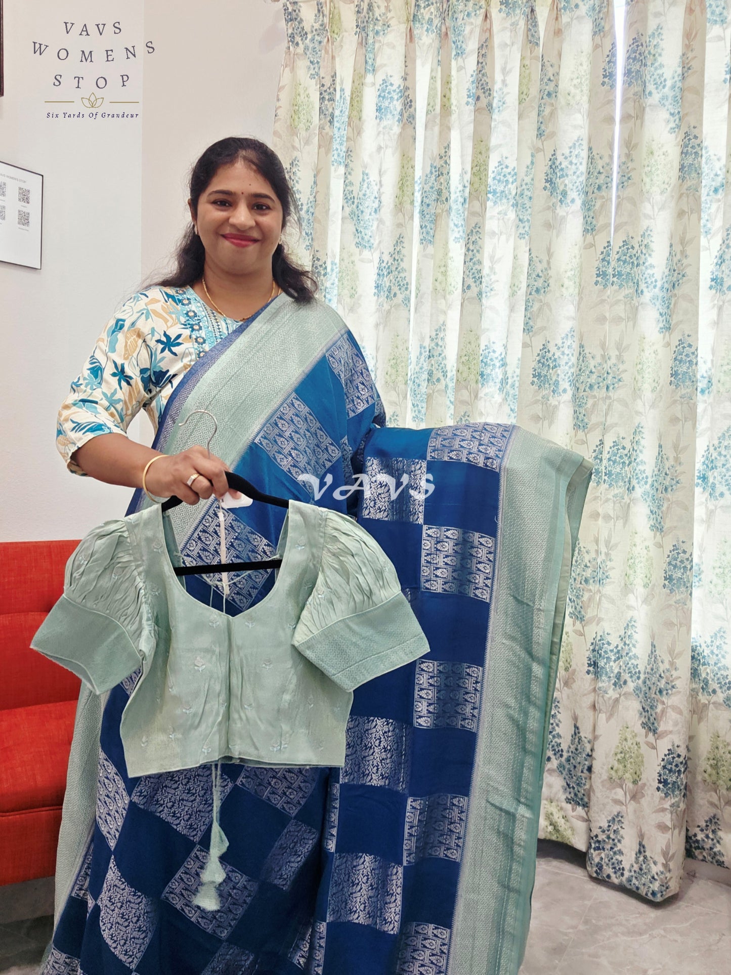 Teal Blue Shade Semi-Crepe Chiffon Saree with Sea Green Border | Stitched Blouse Included