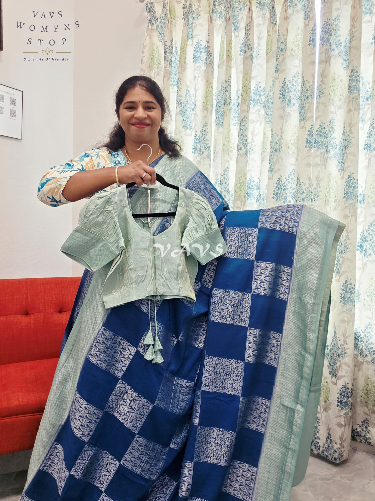 Teal Blue Shade Semi-Crepe Chiffon Saree with Sea Green Border | Stitched Blouse Included