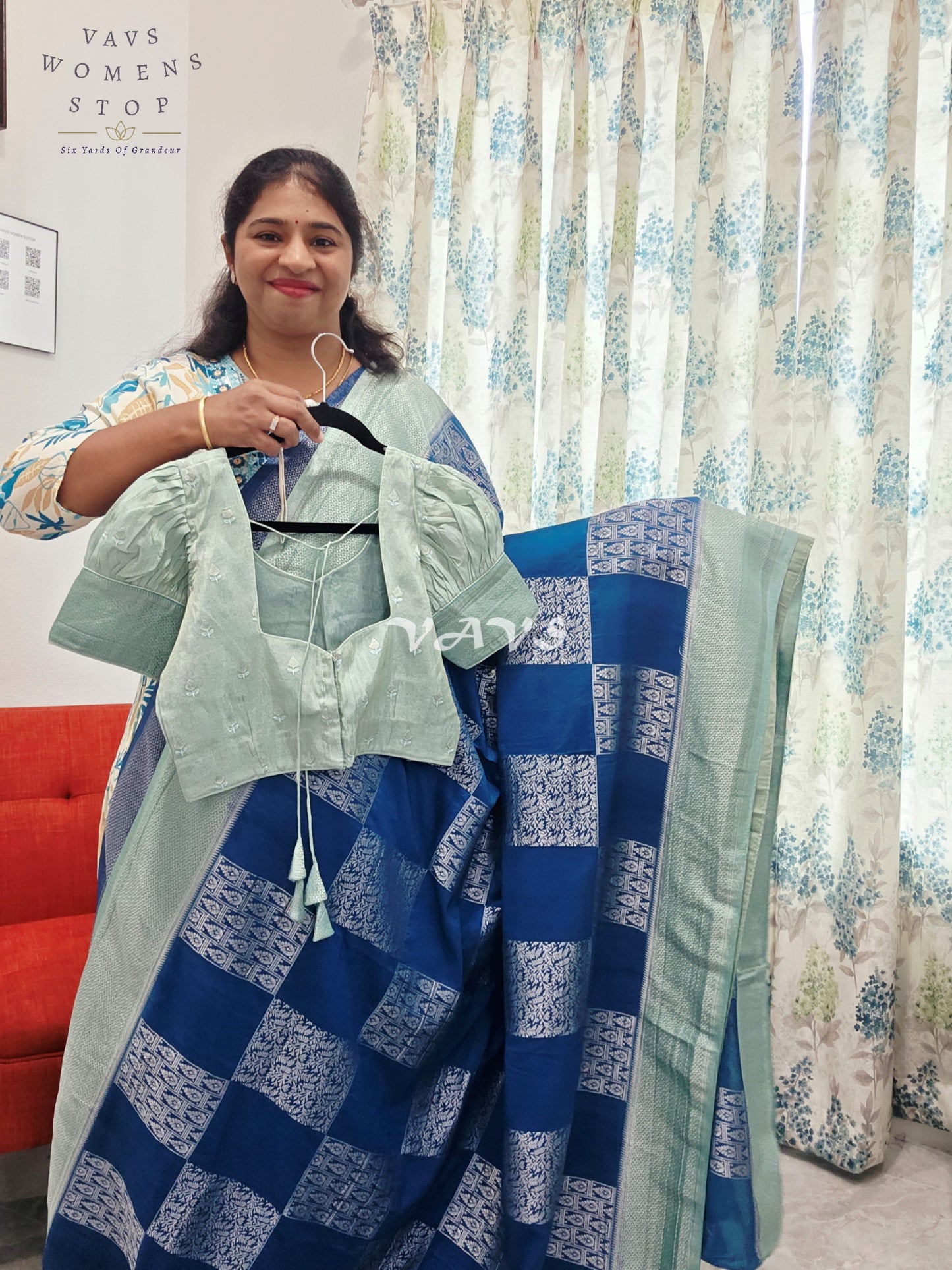 Teal Blue Shade Semi-Crepe Chiffon Saree with Sea Green Border | Stitched Blouse Included