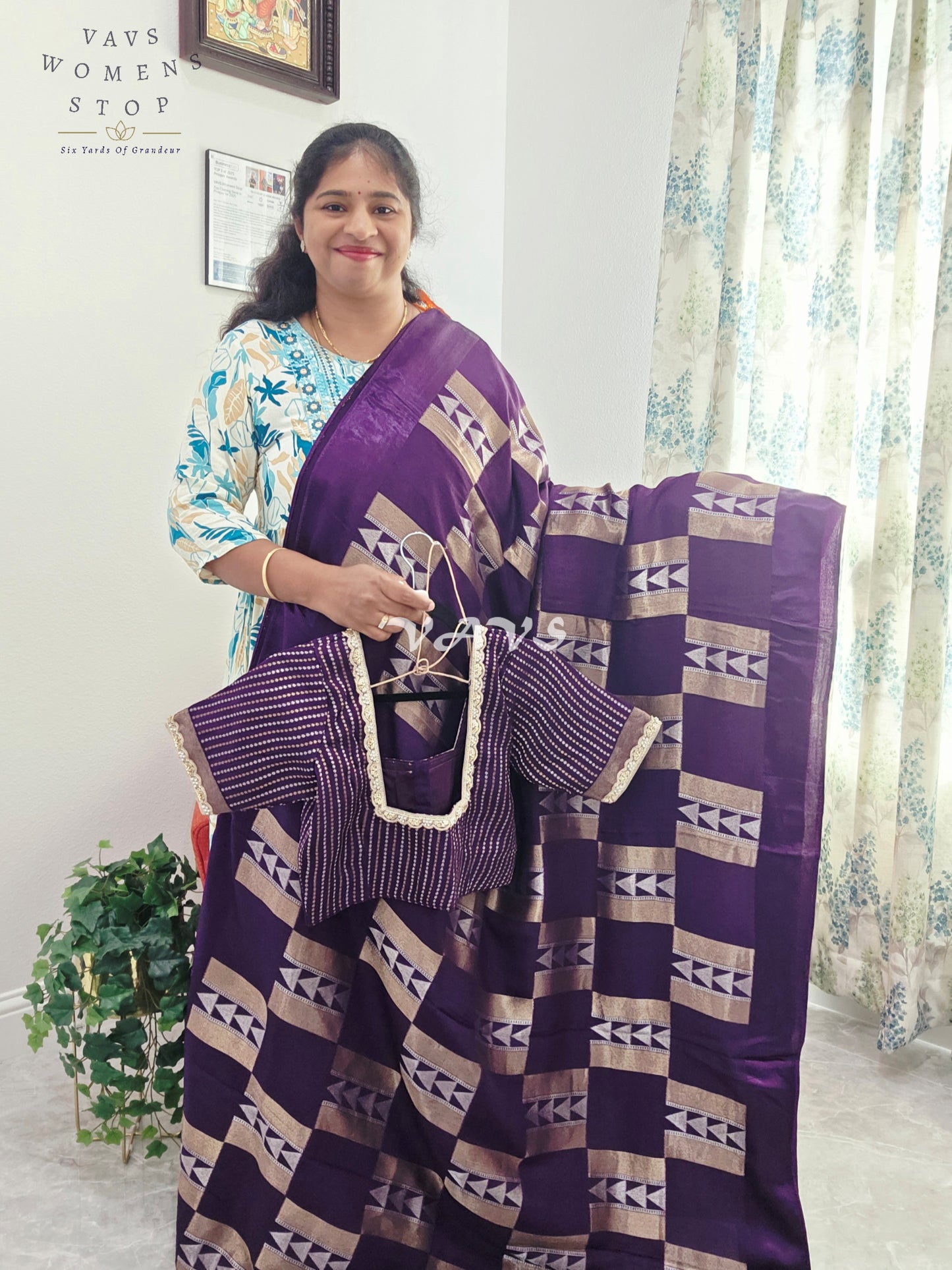 Russian Dola Crepe Silk Saree with Geometric Zari Woven Design & Ready Stitched Blouse | Royal Purple