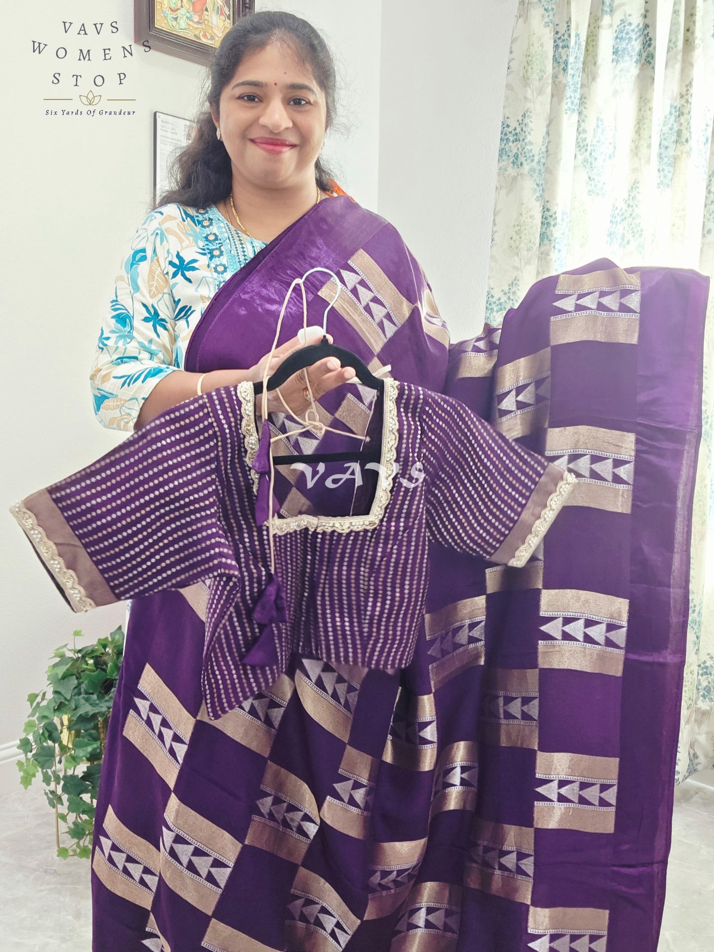 Russian Dola Crepe Silk Saree with Geometric Zari Woven Design & Ready Stitched Blouse | Royal Purple