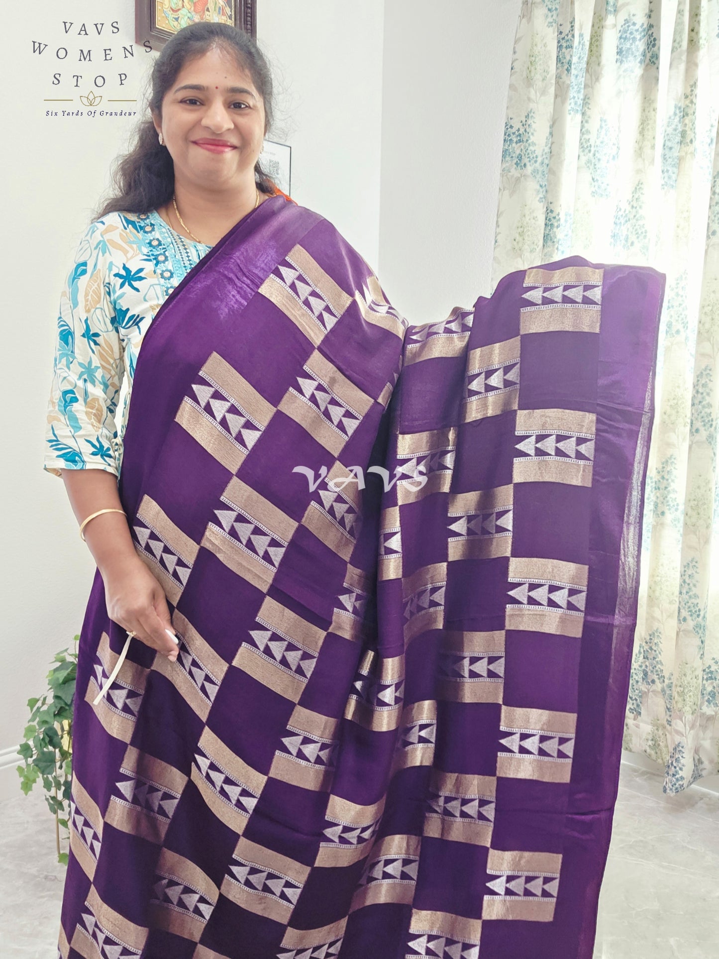 Russian Dola Crepe Silk Saree with Geometric Zari Woven Design & Ready Stitched Blouse | Royal Purple