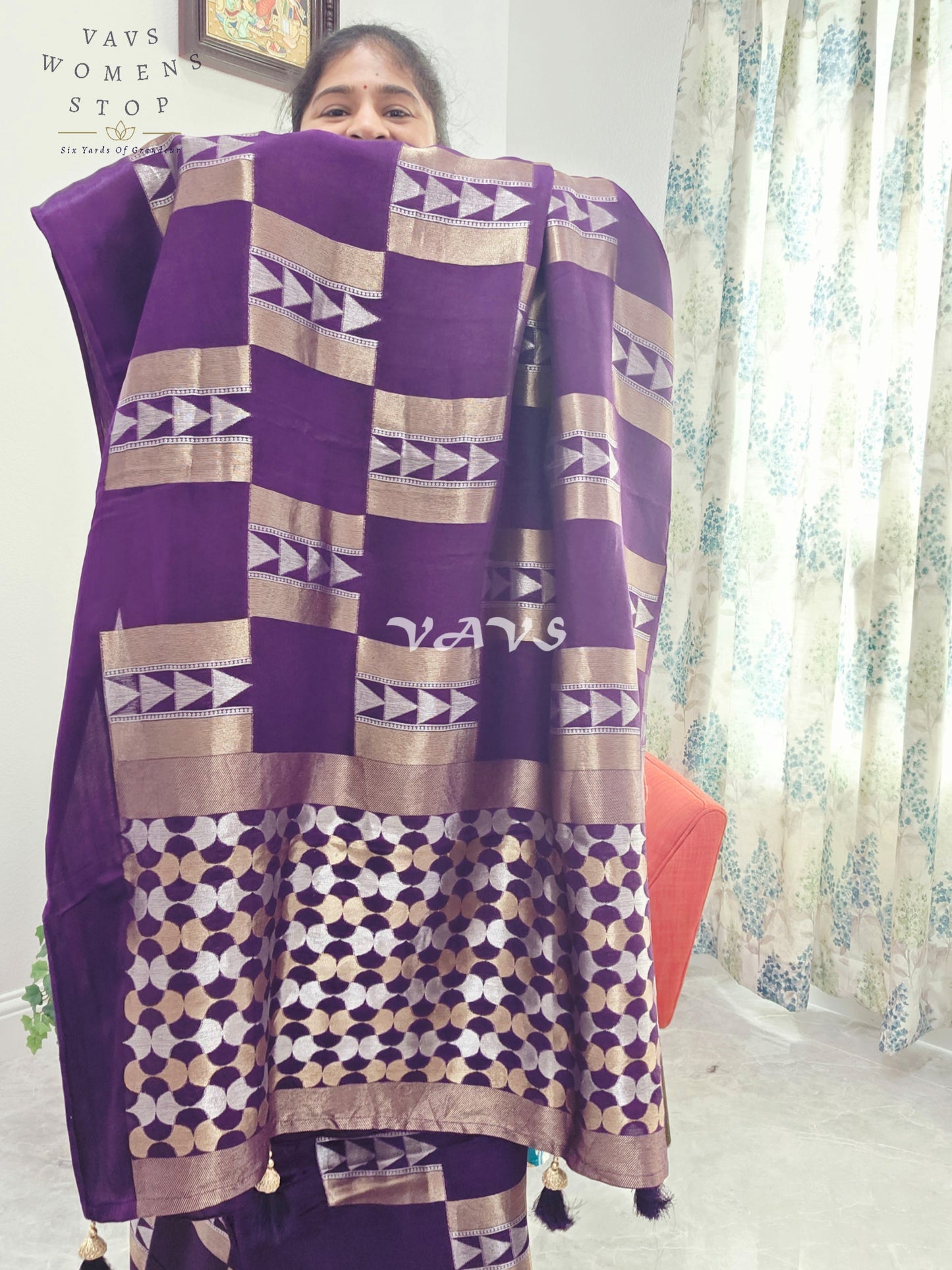 Russian Dola Crepe Silk Saree with Geometric Zari Woven Design & Ready Stitched Blouse | Royal Purple