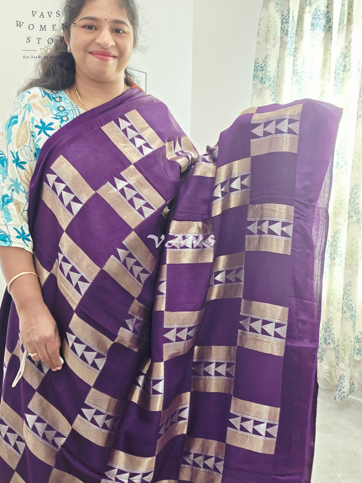 Russian Dola Crepe Silk Saree with Geometric Zari Woven Design & Ready Stitched Blouse | Royal Purple