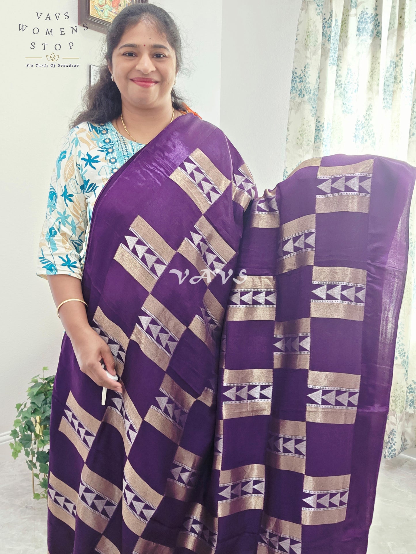 Russian Dola Crepe Silk Saree with Geometric Zari Woven Design & Ready Stitched Blouse | Royal Purple