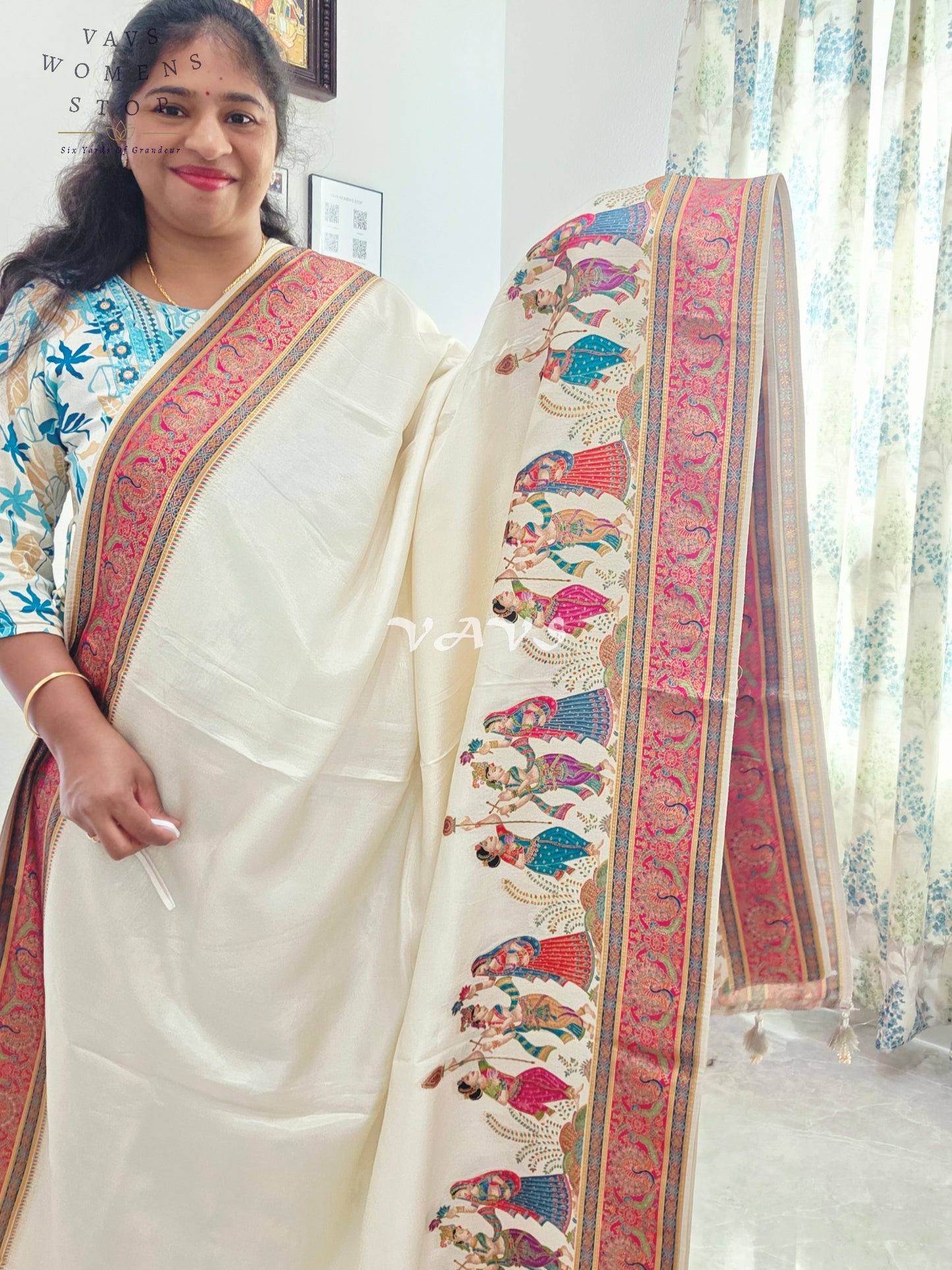 Off-White Banarasi Silk Saree with Dancing Dolls Weave & Pashmina Border | Size 38–44
