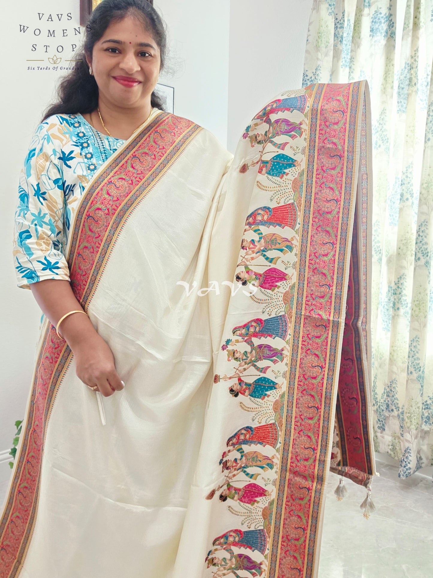 Off-White Banarasi Silk Saree with Dancing Dolls Weave & Pashmina Border | Size 38–44