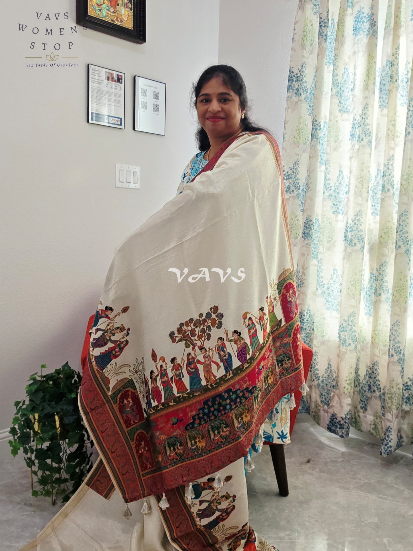 Off-White Banarasi Silk Saree with Dancing Dolls Weave & Pashmina Border | Size 38–44