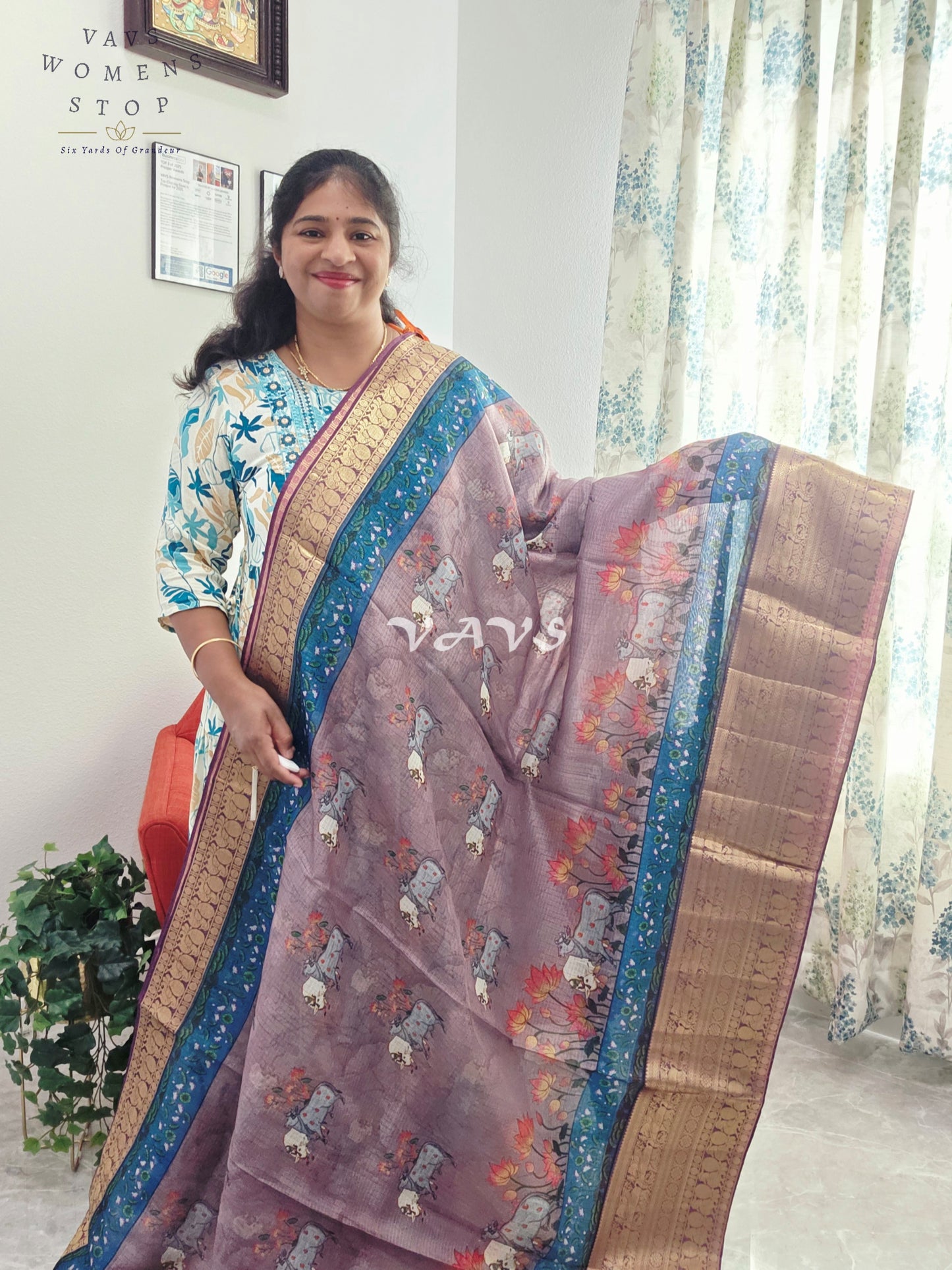 Fine Quality Kota Silk Kanchi Border Pichwai Prints Saree - Blouse