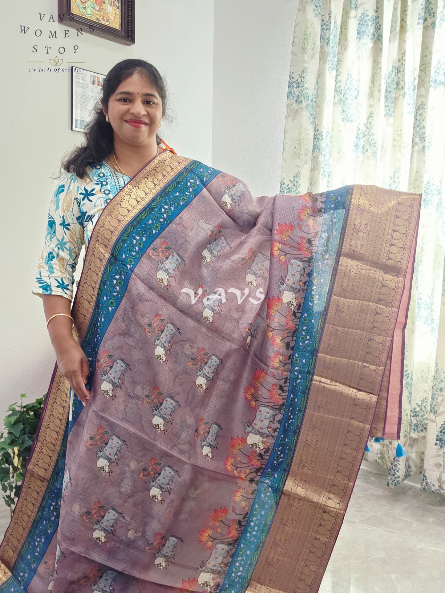 Fine Quality Kota Silk Kanchi Border Pichwai Prints Saree - Blouse