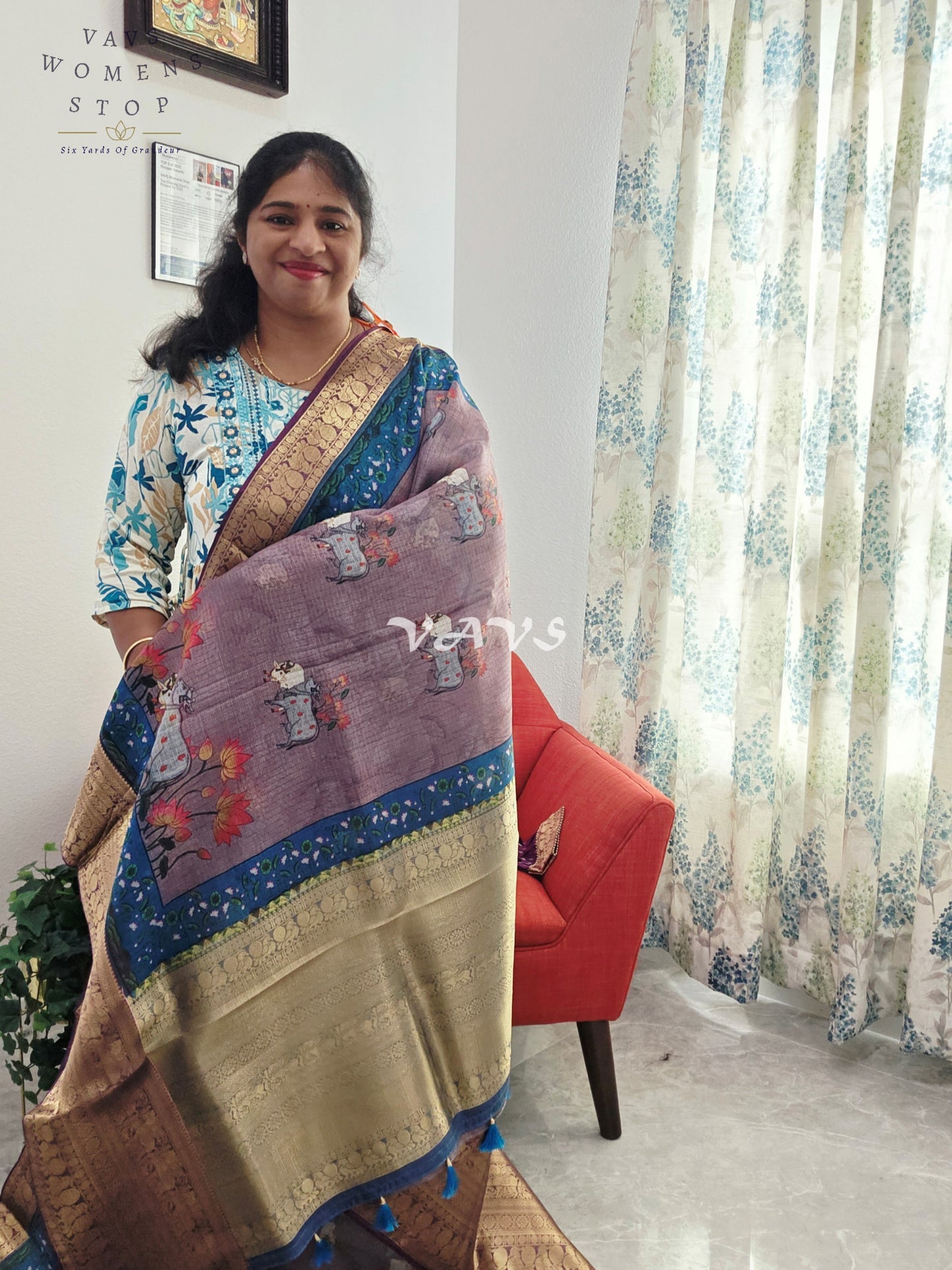 Fine Quality Kota Silk Kanchi Border Pichwai Prints Saree - Blouse