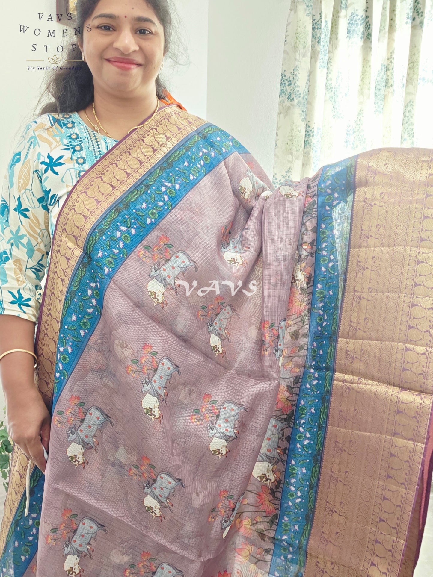 Fine Quality Kota Silk Kanchi Border Pichwai Prints Saree - Blouse