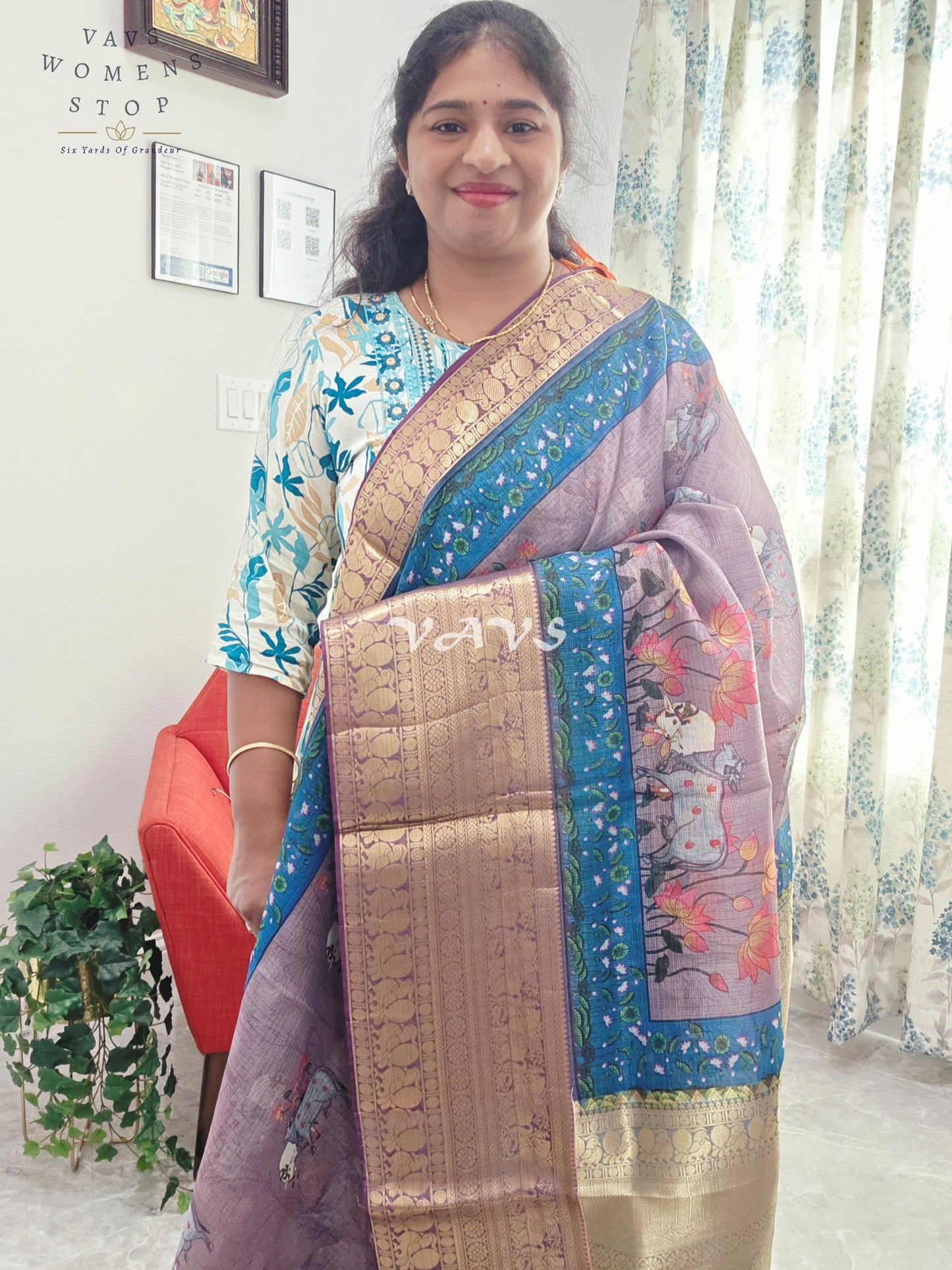 Fine Quality Kota Silk Kanchi Border Pichwai Prints Saree - Blouse