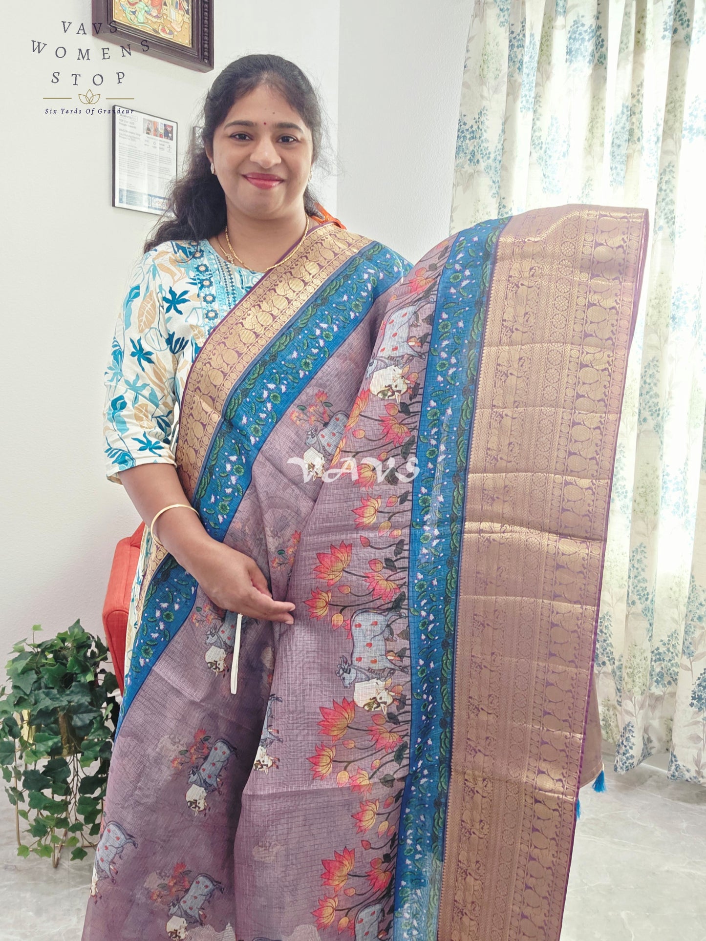 Fine Quality Kota Silk Kanchi Border Pichwai Prints Saree - Blouse
