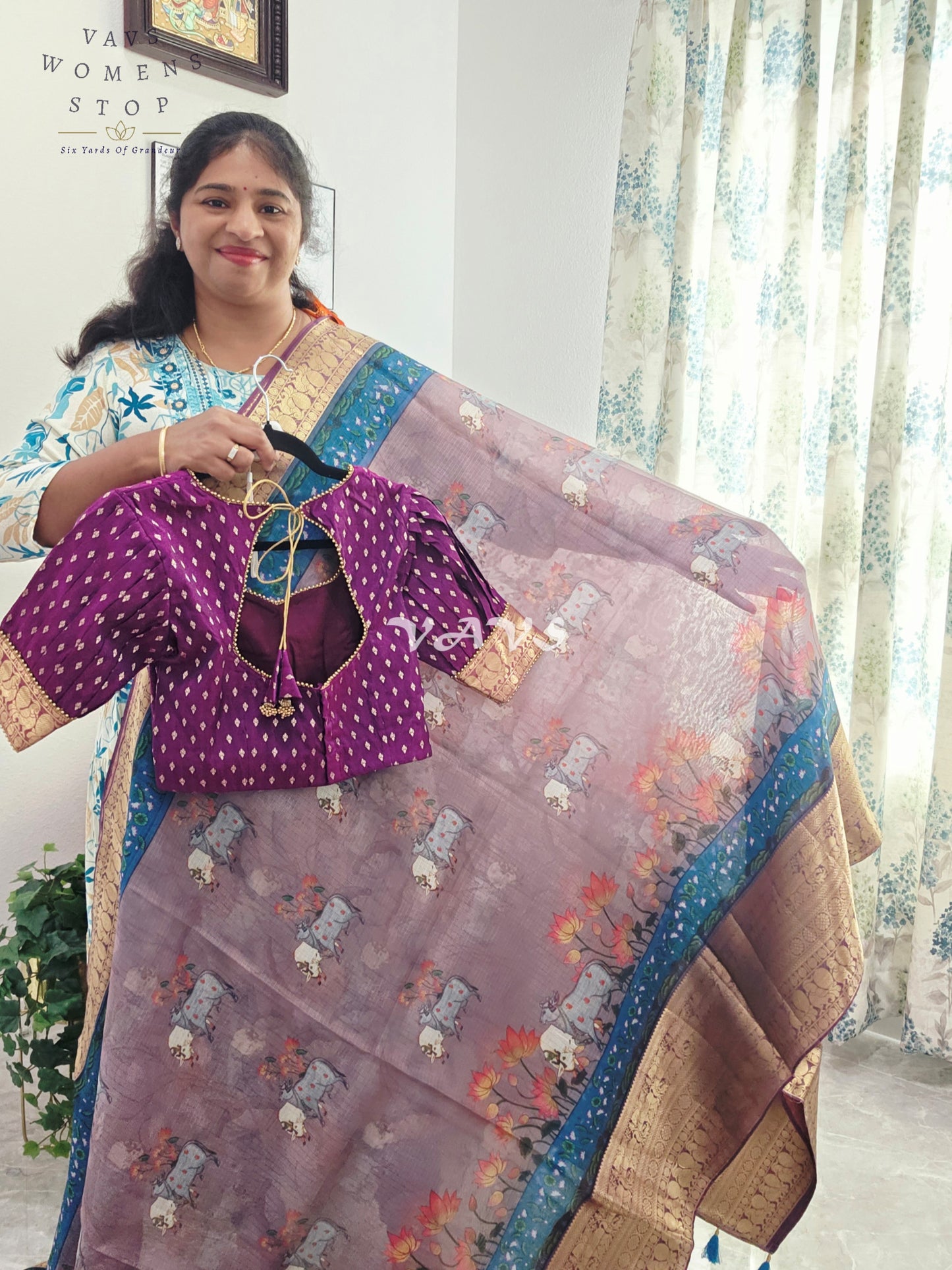 Fine Quality Kota Silk Kanchi Border Pichwai Prints Saree - Blouse