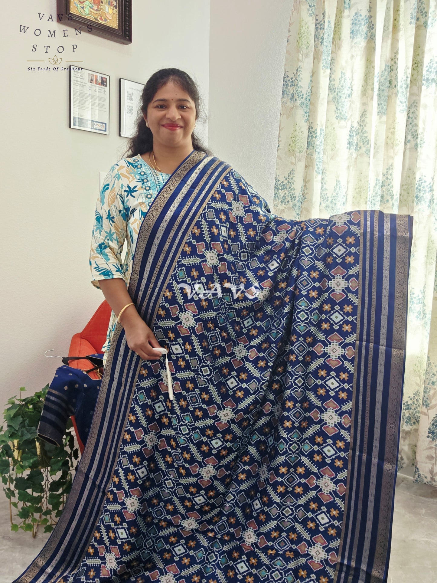 Royal Navy Blue & Antique Gold Benarasi Crepe Silk Patola Designer Saree with Stitched Blouse