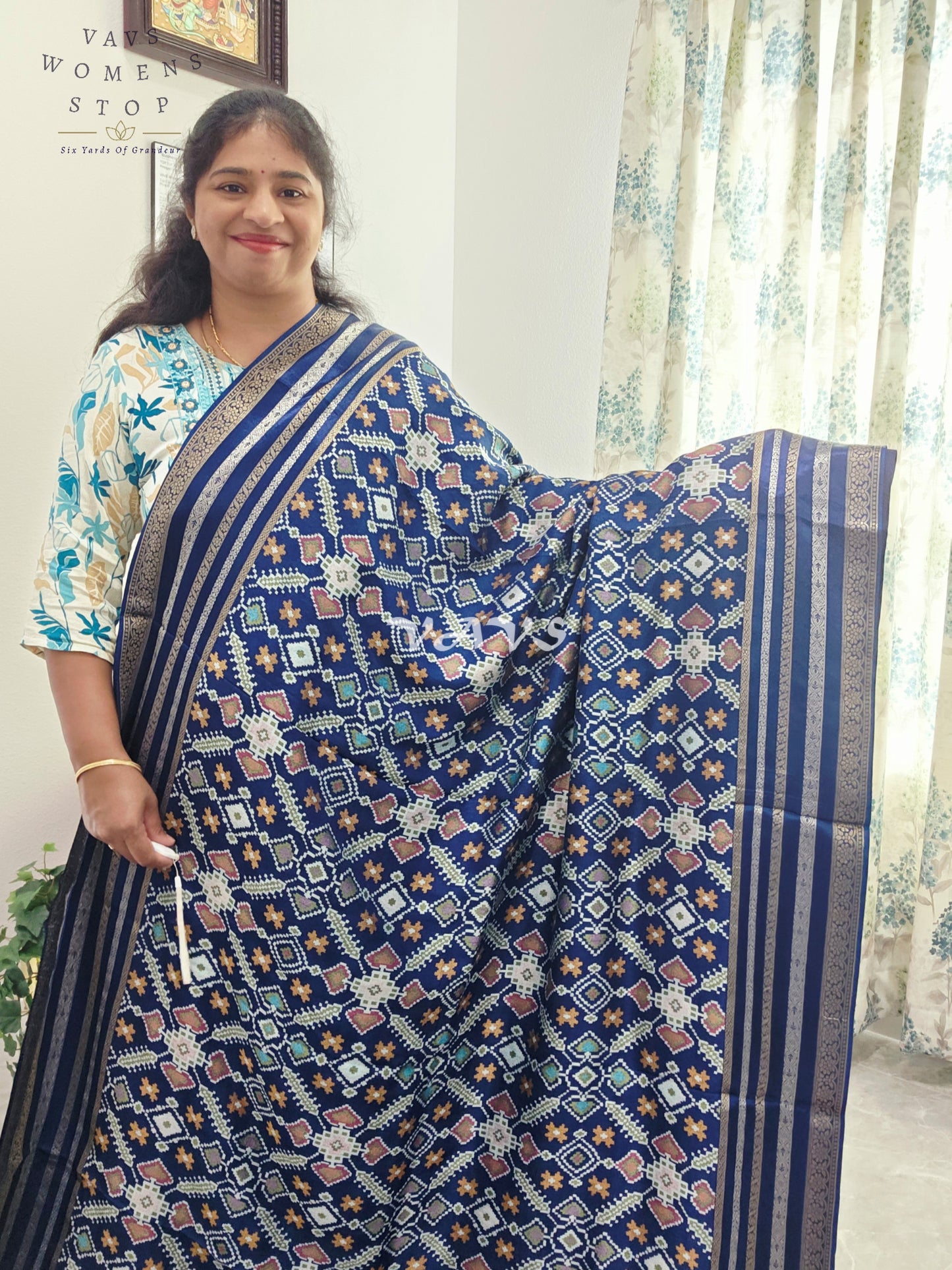 Royal Navy Blue & Antique Gold Benarasi Crepe Silk Patola Designer Saree with Stitched Blouse