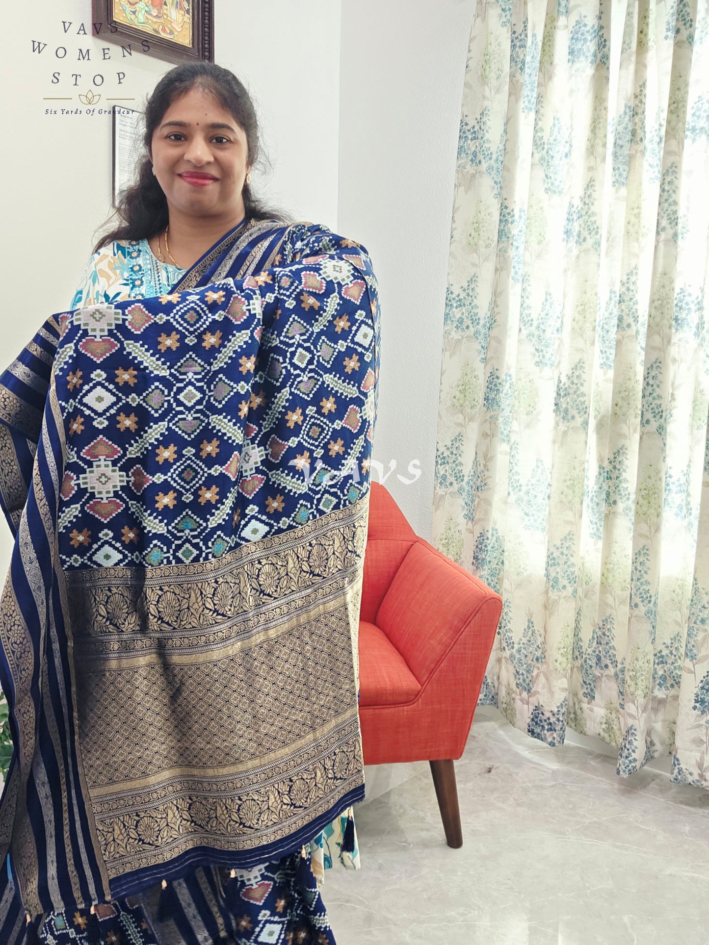 Royal Navy Blue & Antique Gold Benarasi Crepe Silk Patola Designer Saree with Stitched Blouse