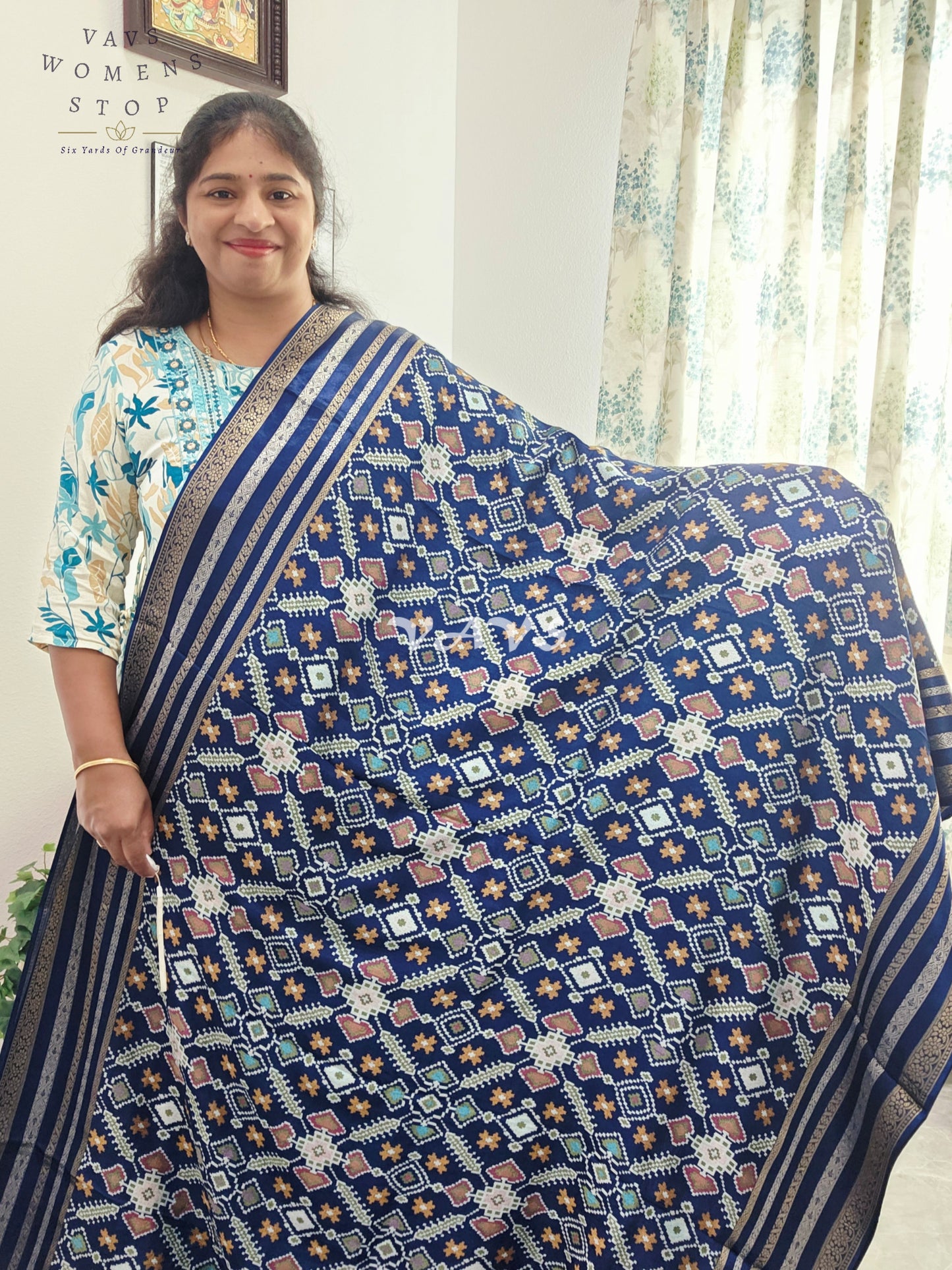 Royal Navy Blue & Antique Gold Benarasi Crepe Silk Patola Designer Saree with Stitched Blouse