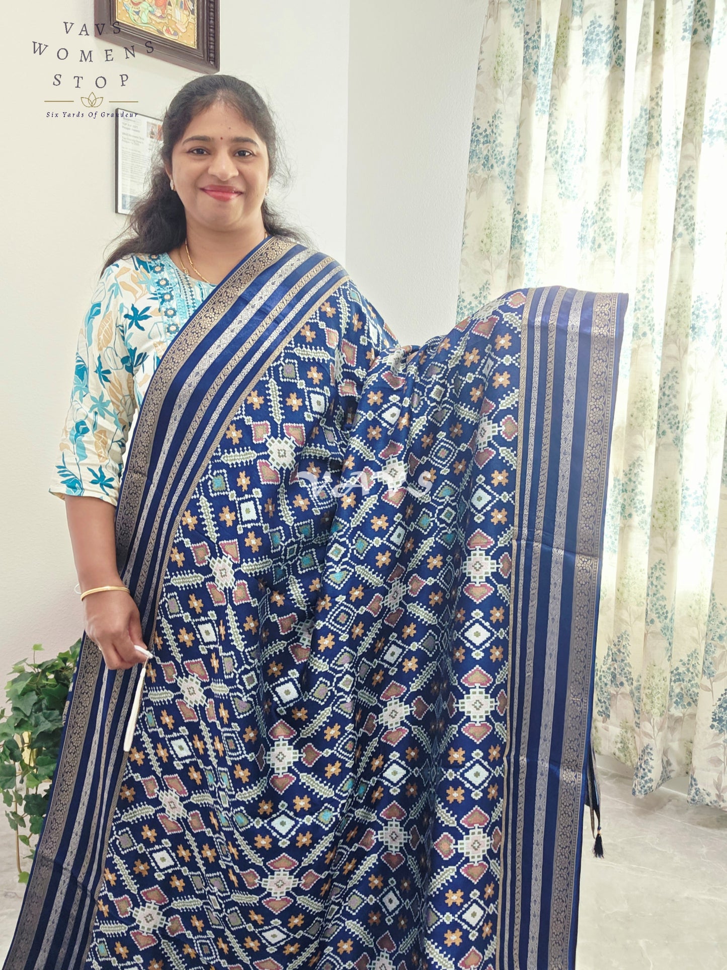 Royal Navy Blue & Antique Gold Benarasi Crepe Silk Patola Designer Saree with Stitched Blouse