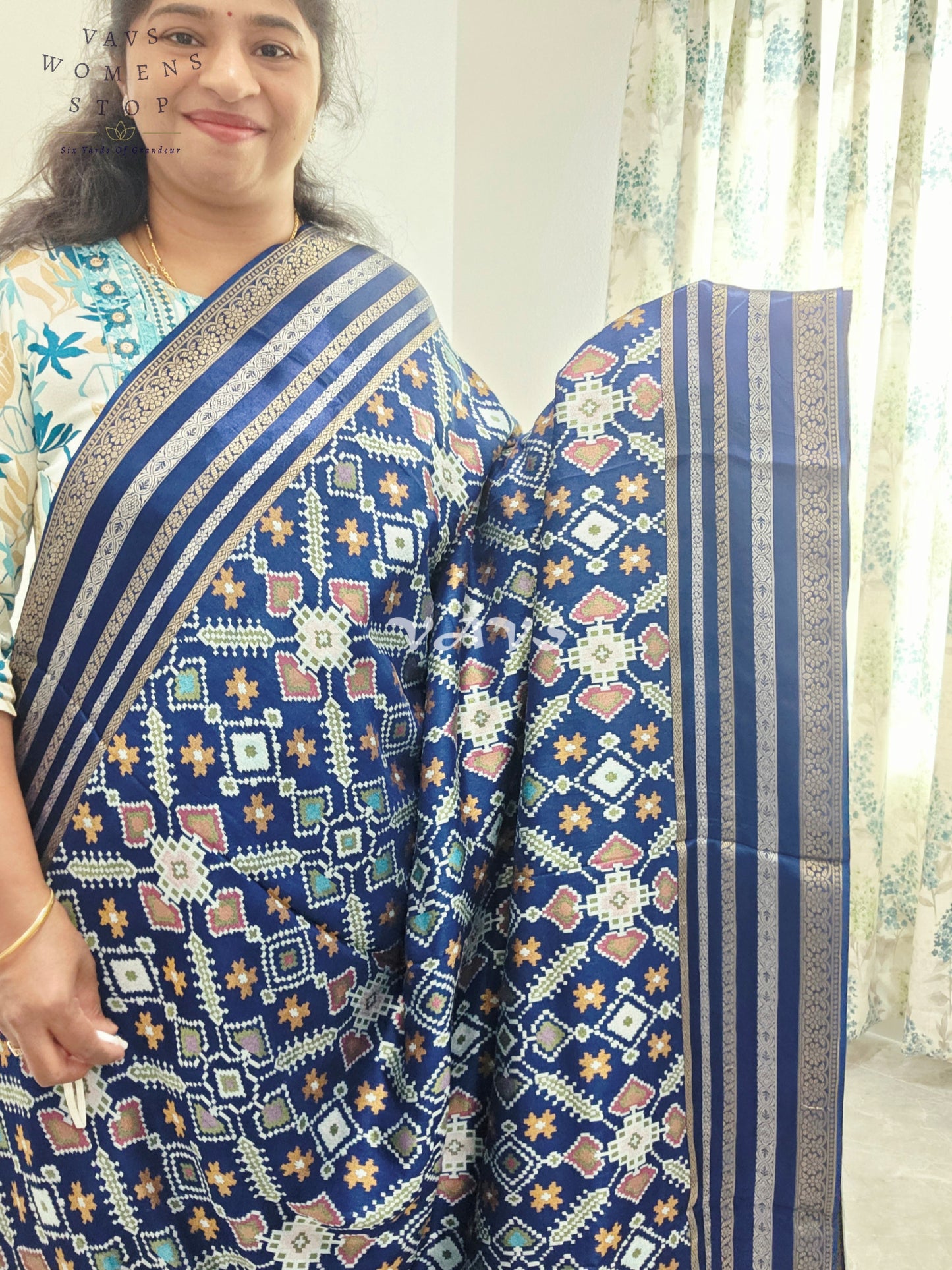 Royal Navy Blue & Antique Gold Benarasi Crepe Silk Patola Designer Saree with Stitched Blouse